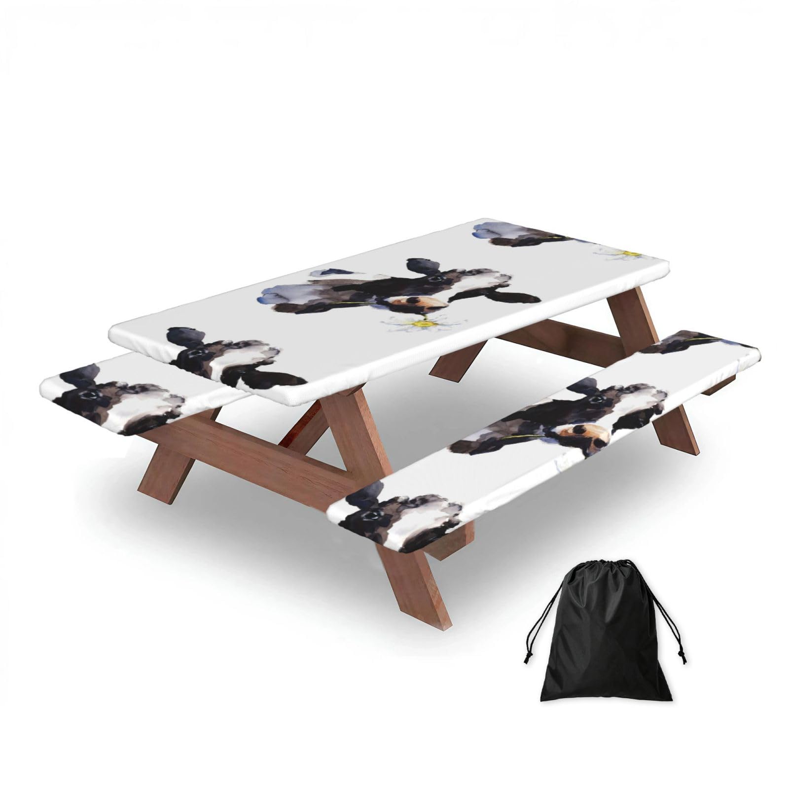 Cow With A Daisy Flower, Picnic Table Cover With Bench Covers -Waterproof Elastic Fitted Tablecloth for Garden Camping Patio 76x152cm