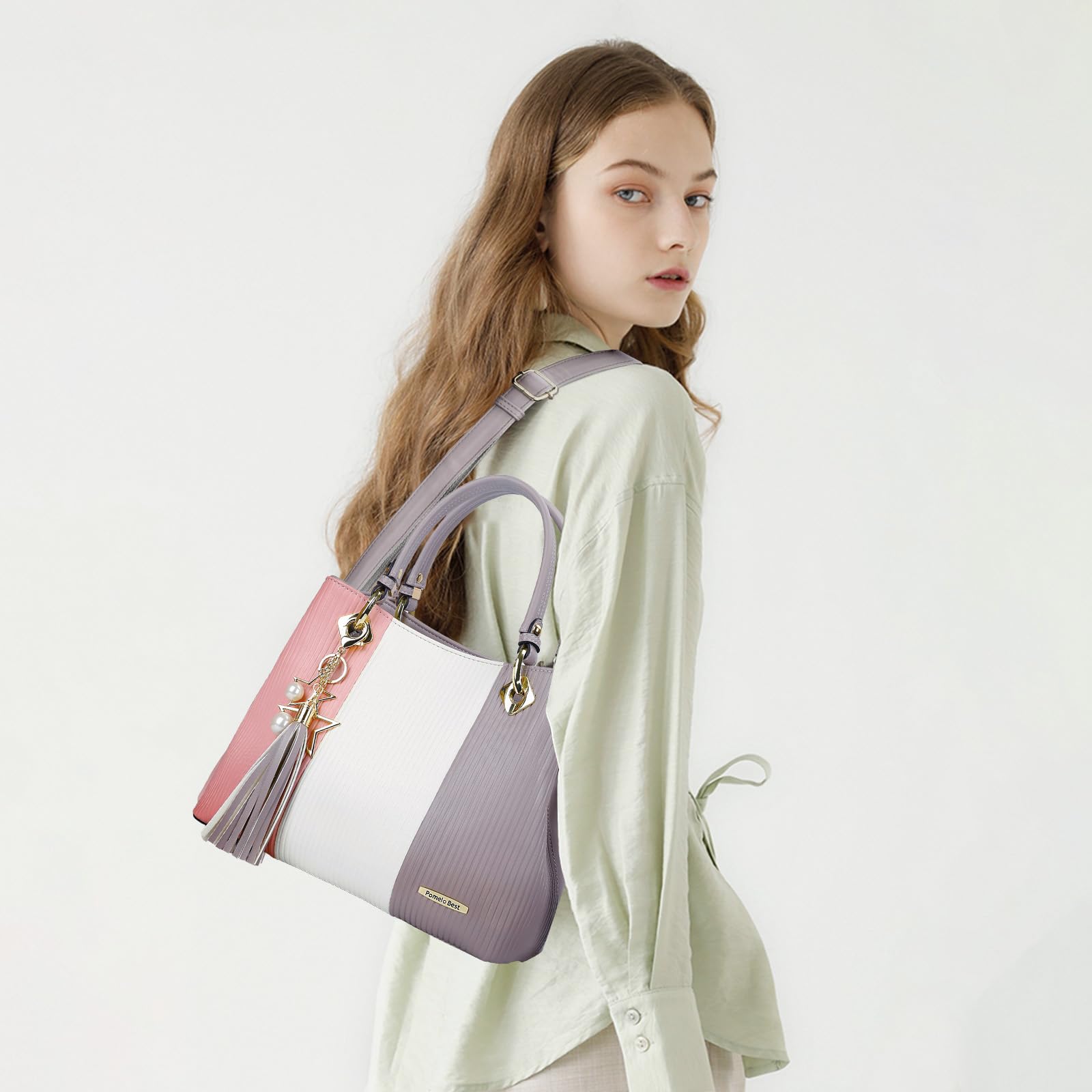 Pomelo Best Bolsos de Mujer, Bolso Señora Tote Multicolor Rayas PU Cuero Con Flecos Bolso Hombro Bolso Shopper perfecto para Trabajo, Diario Vida, Navidad y Fiesta ect (Rosa)
