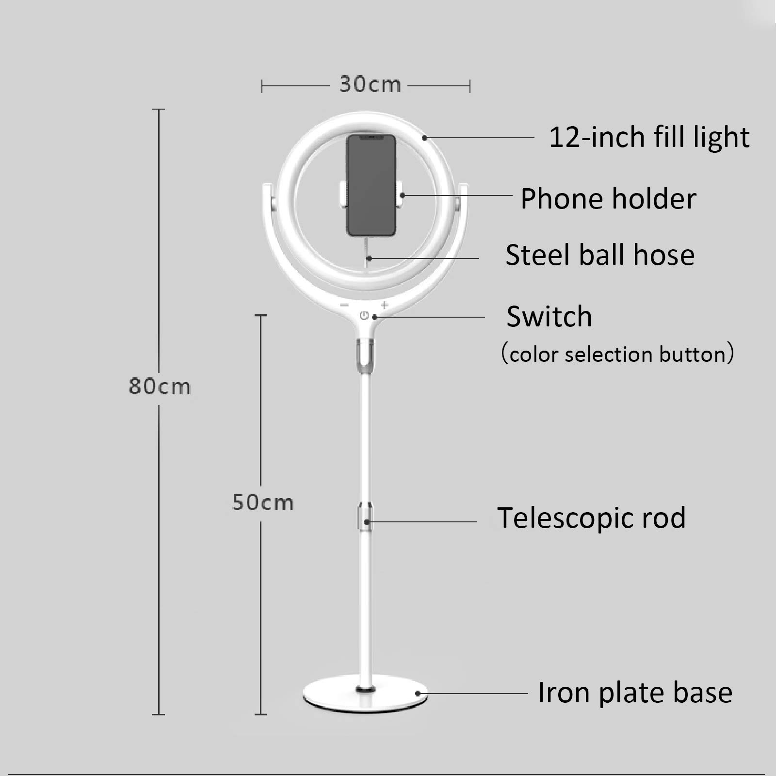 12 en selfie anillo de luz con soporte para teléfono celular, teléfono flexible Clamp, hierro placa base, el soporte de iluminación ajustable para la fotografía de vídeo en vivo y maquillaje,Negro