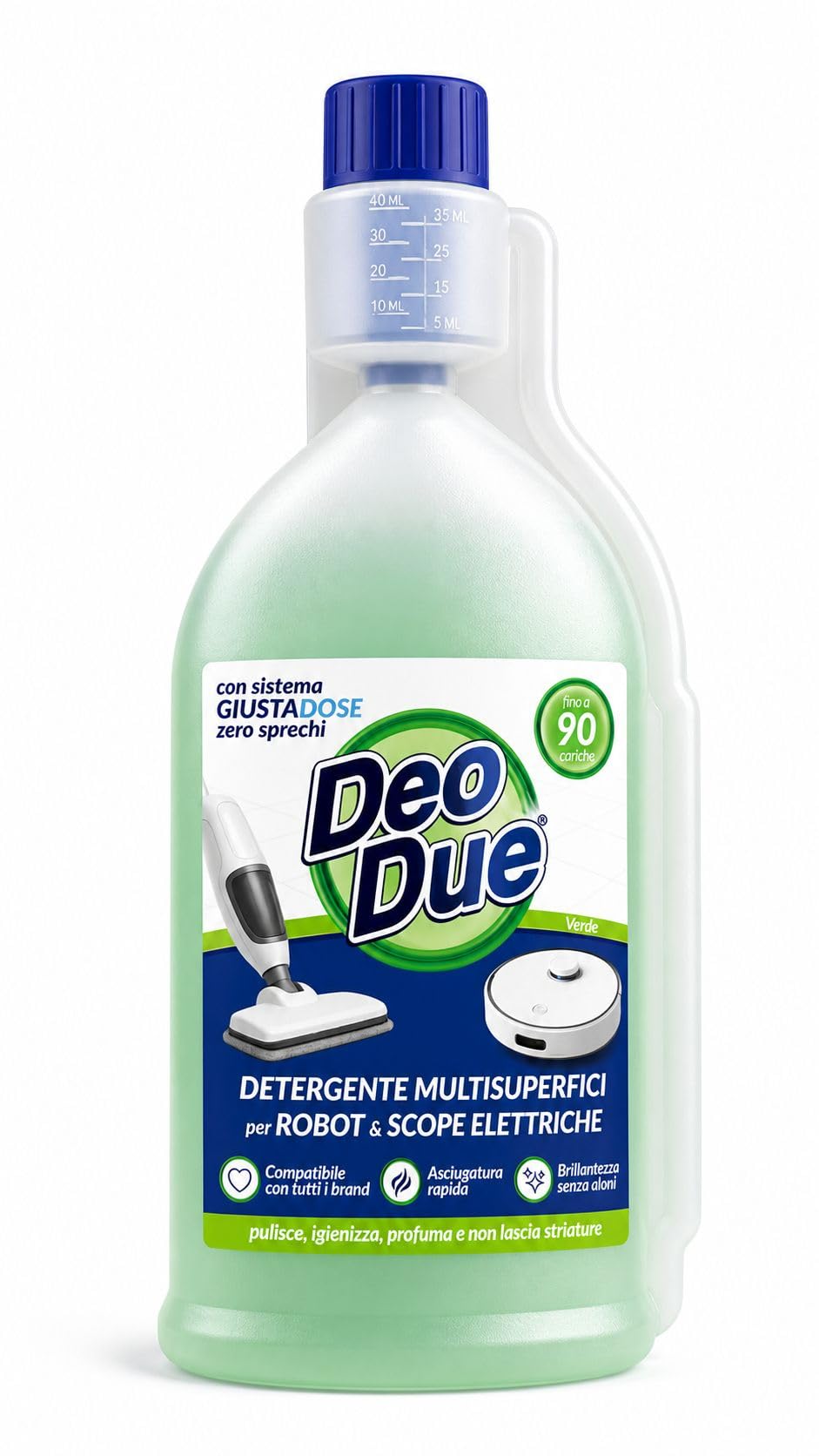 Detergente Multisuperfici per Robot Lavapavimenti e Scope Elettriche Deo Due Verde – 3 Unità da 900ml– Compatibile con Tutti i Brand – Asciugatura Rapida, Senza Aloni, Profuma e Igienizza