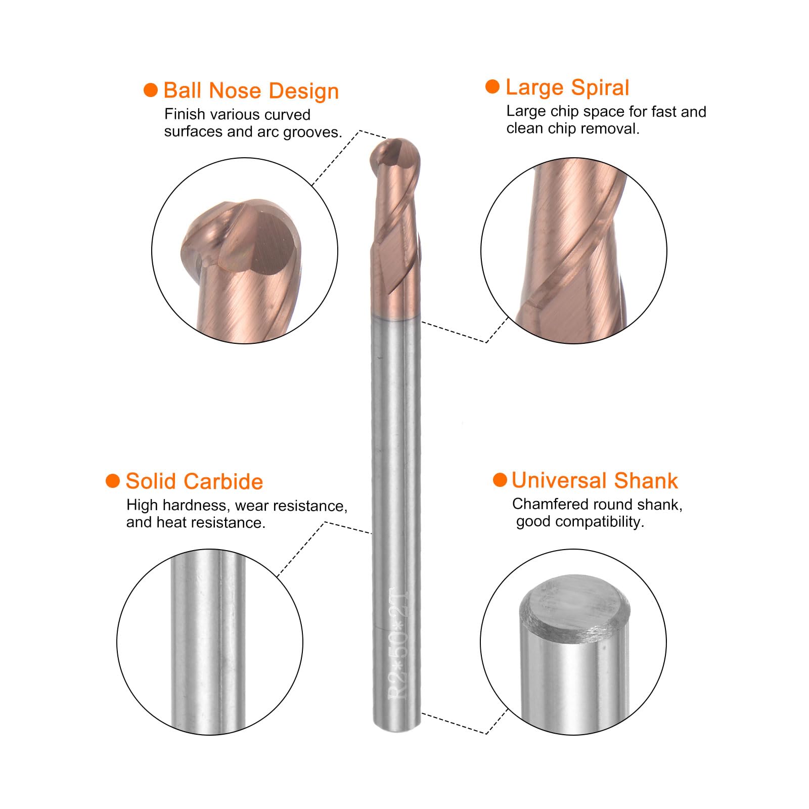 QUARKZMAN 2Pcs Fraises à Bout Sphérique pour Fraiseuse Cnc, Rayon de 2 mm (5/64") en Carbure de Tungstène Revêtu de Tisin, 2 Flûtes Hrc55, Diamètre de 4 mm (5/32"), Queue de 4 mm (5/32")