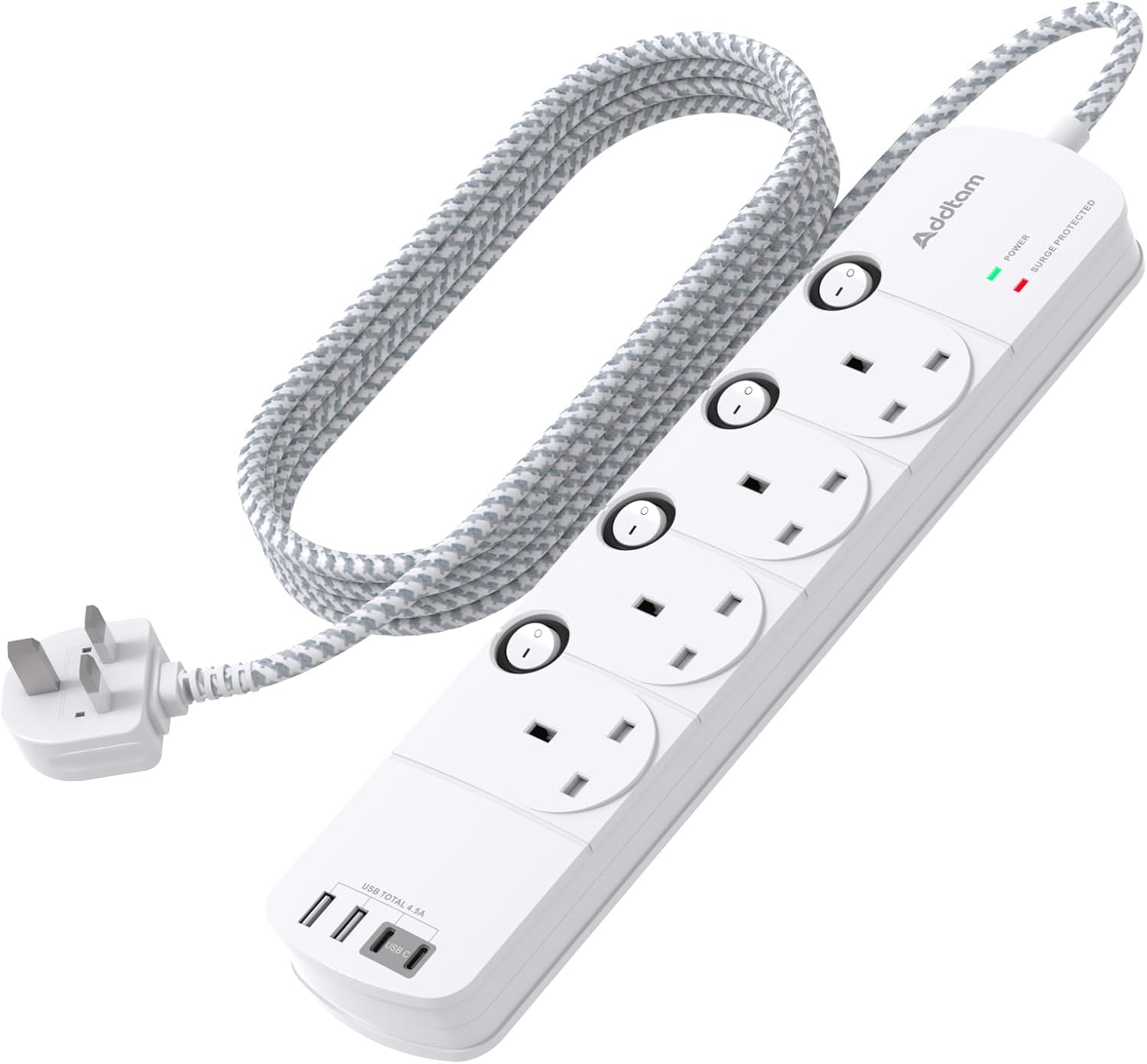 3M Extension Lead with USB Slots, 4 Way Socket Outlets with 4 USB (2 Type C & 2 USB A), 1050J Surge Protection Multi Plug Extension with Braided Extension Cable for Home, Office, Individually Switched