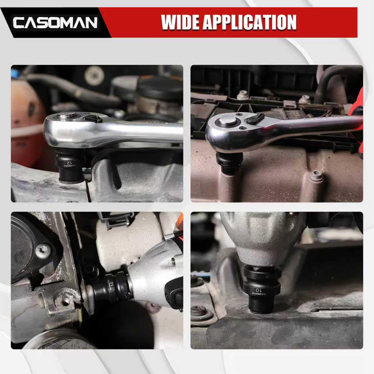 CASOMAN Set di 15 bussole a impatto tozze da 1/2", a basso profilo, 10-24 mm, metriche, CR-MO, 6 punti, 15 pezzi, set di chiavi a bussola poco profonde per manutenzione automobilistica, riparazioni e