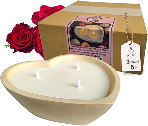 Vela de cuenco de madera en forma de corazón de 6 pulgadas con cera de soja, 3 mechas de 5 onzas, velas decorativas para aniversario, compromiso,