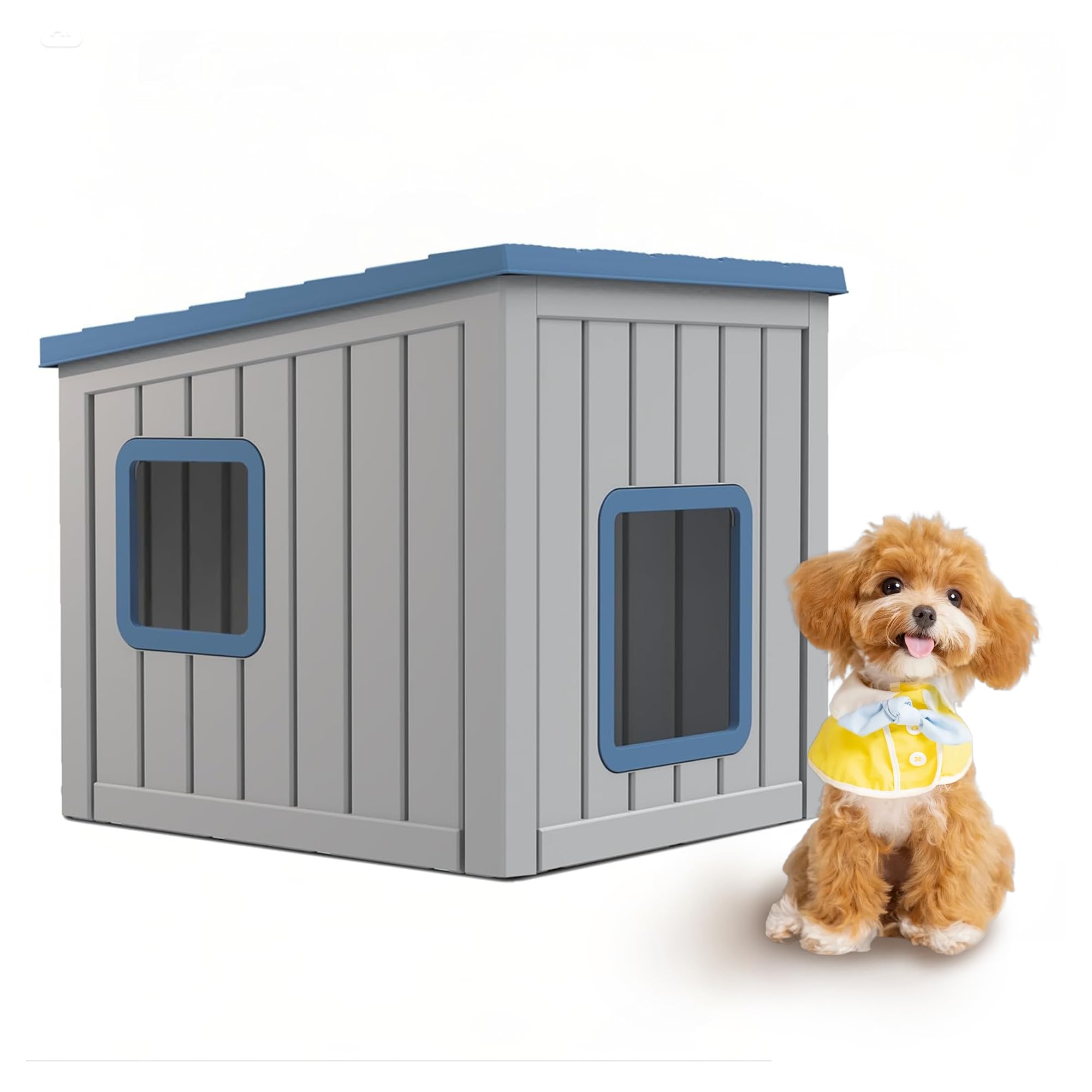 DRATO Outdoor Dog House Indoor and Outdoor Sloped Roof Resin Material with Weatherproof Roof Removable Floors for Small to Middle Sized Dogs Easy to