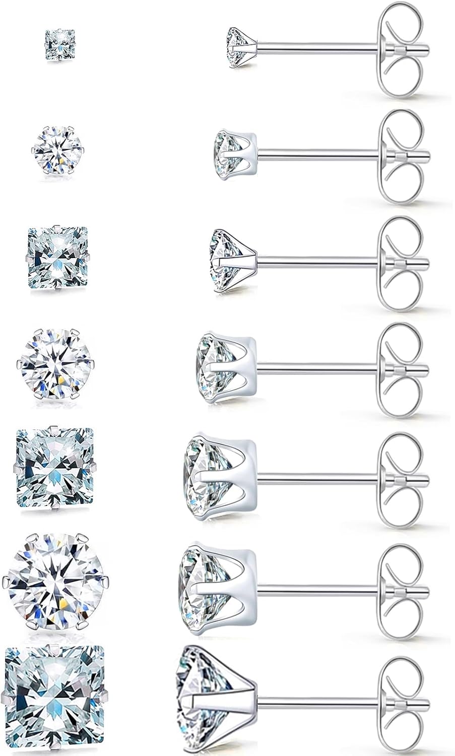 Square Round Diamond Stud Earrings Set 7 Pair Hypoallergenic Silver Gold Black Cubic Zirconia Diamond Surgical Steel Square Round CZ Stack Cartilage Multiple Piercing Stud Earring Set for Women Men