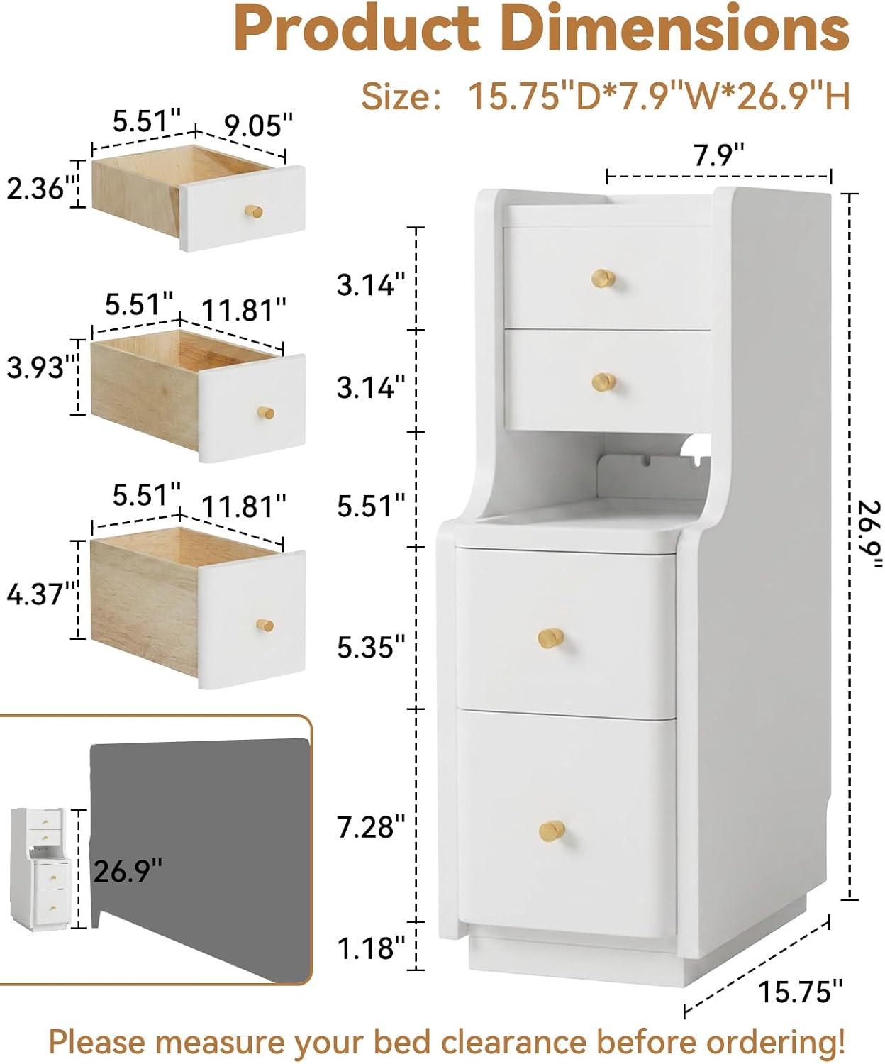 Narrow Nightstand with 4 Drawers, Solid Wood Narrow End Table, Modern Skinny Nightstand with 1 Semi-Open Shelf, Thin Couch Side End Table Night Stand with Drawers