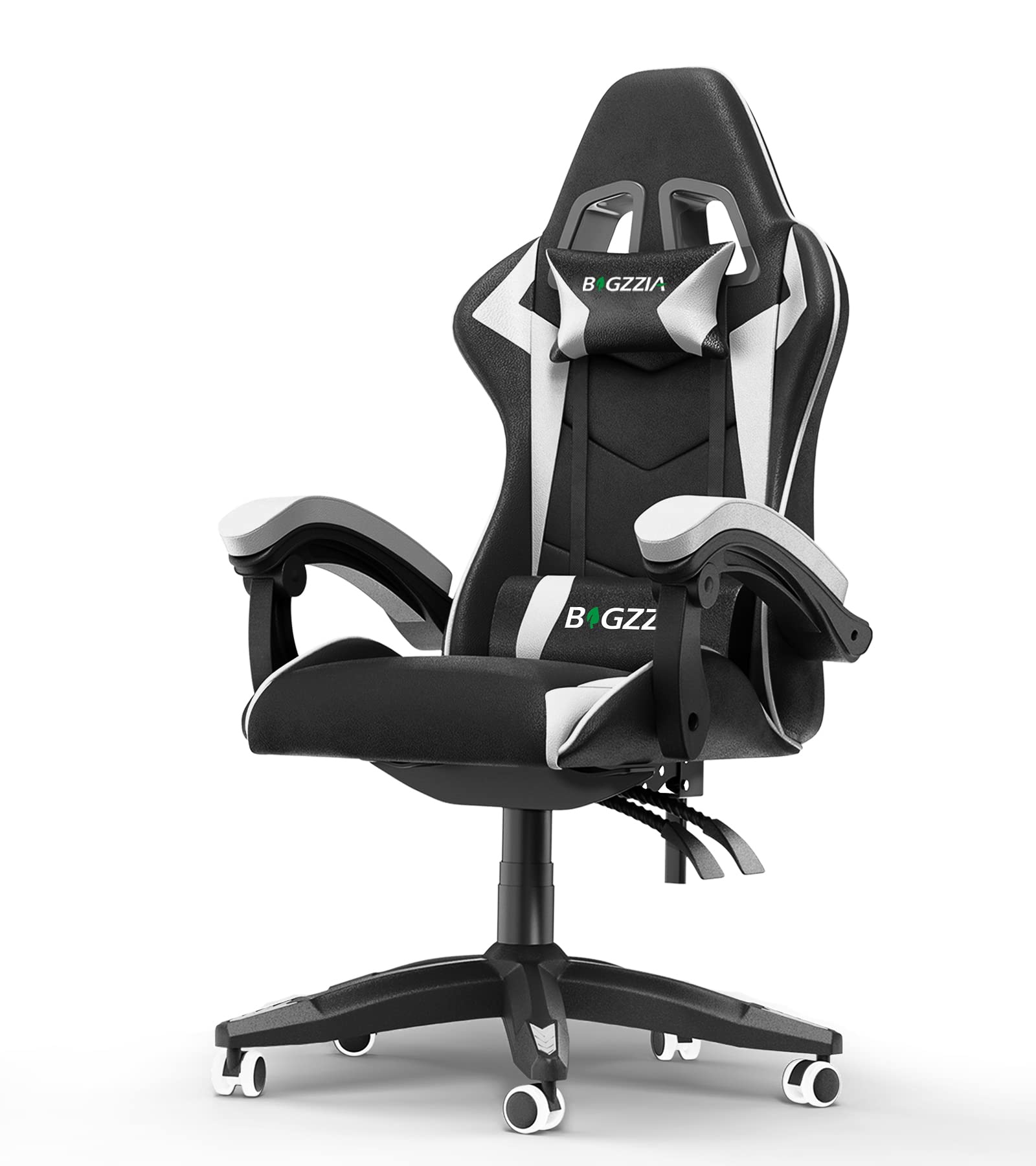 bigzzia Silla Gaming,Silla Ergonómica Gaming,Altura Regulable Silla con Apoyo Lumbar y Reposacabezas, Respaldo Inclinable hasta 155° (NingúN RGB, Blanco)