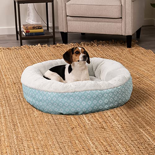 Image of Furhaven 30 inch Round Donut Dog Bed for Medium /Small Dogs, Refillable w / Removable Washable Cover, For Dogs Up to 45 lbs - Plush & Diamond Print Donut Bed - Aqua, Medium