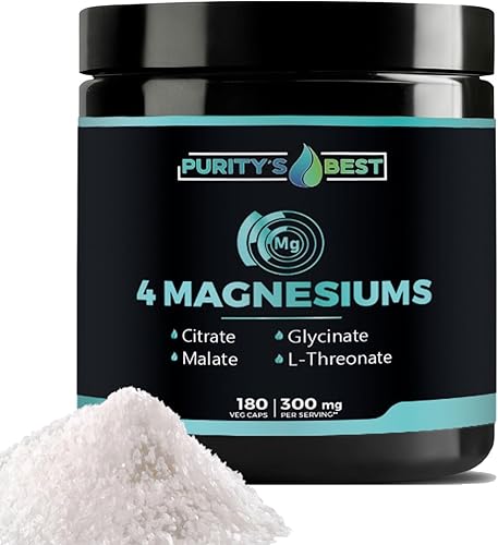 Purity's Best 4 MAGNESIOMS, glicinato de magnesio premium, malato, L-treonato, citrato, 300 mg, 180 cápsulas vegetales, probado por terceros,