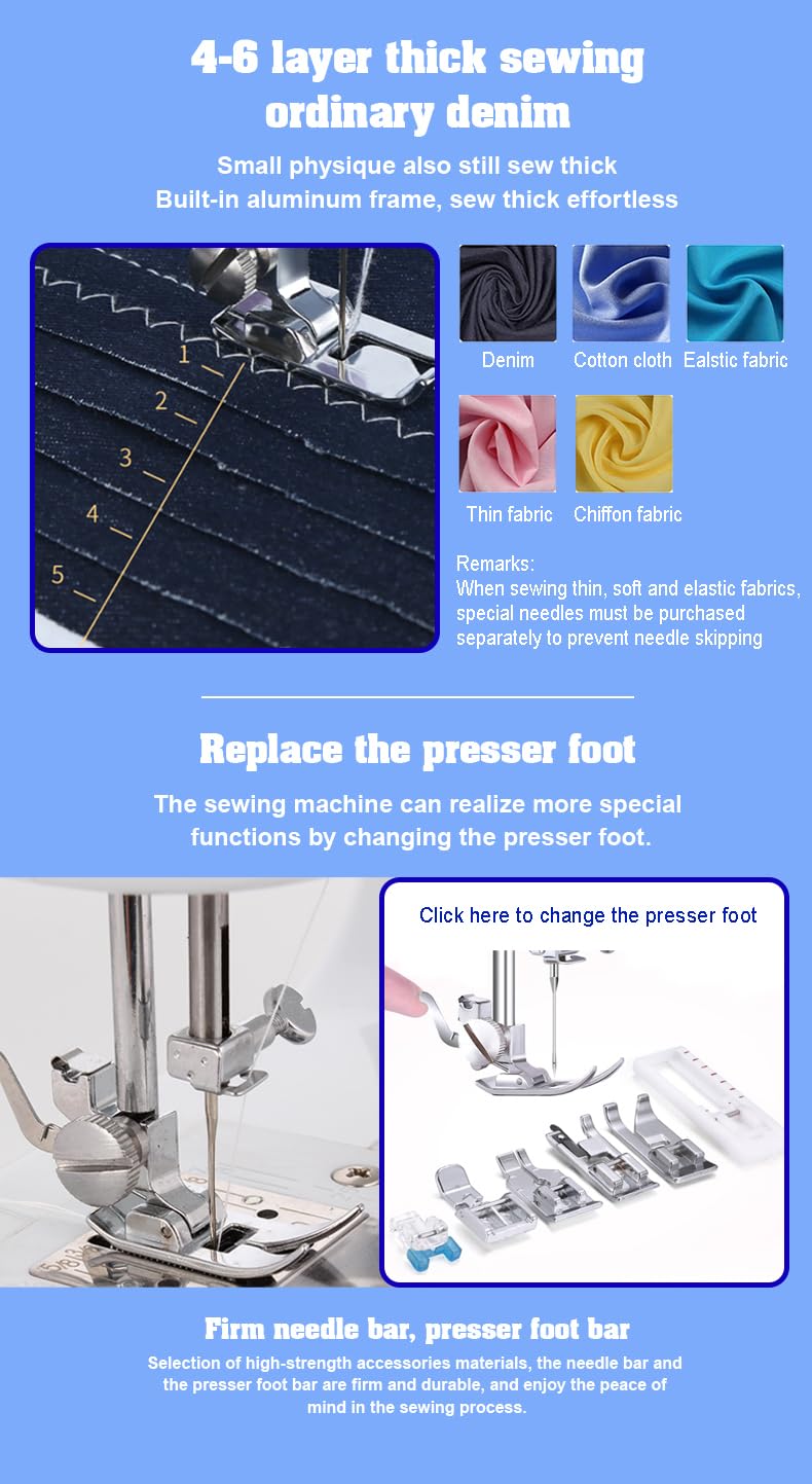Máquina de coser para principiantes, mini máquina de coser eléctrica portátil pequeña con 50 piezas de tela y 32 piezas de hilo de coser, 12 puntadas integradas, 2 velocidades con pedal de pie (azul)
