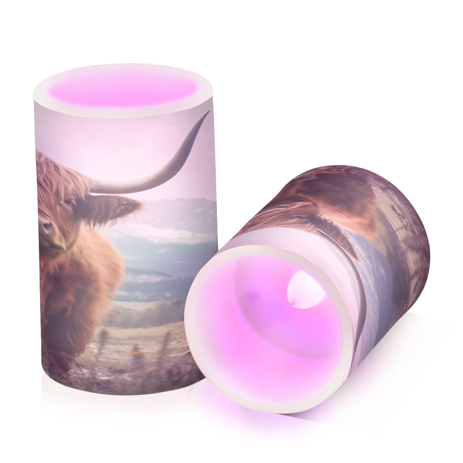 Kigai Highland Cows Flameless Candles with Remote Control and Timer,Battery Operated LED Pillar Candles Adjustable Brightness for Ourdoor Indoor Use,Home Decor,2 Pack