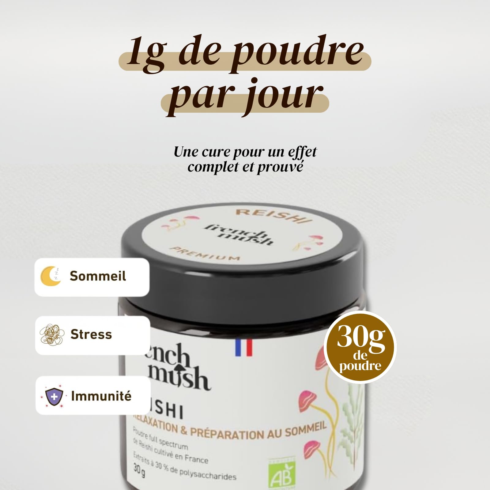 Poudre Reishi Bio - 30g Vegan - Apaisant, Qualité du Sommeil Réparateur, Relaxation - Se Mélange à Alimentation ou Boisson - Extrait Reishi Bio Poudre Testé en Laboratoire - Fabriqué en France