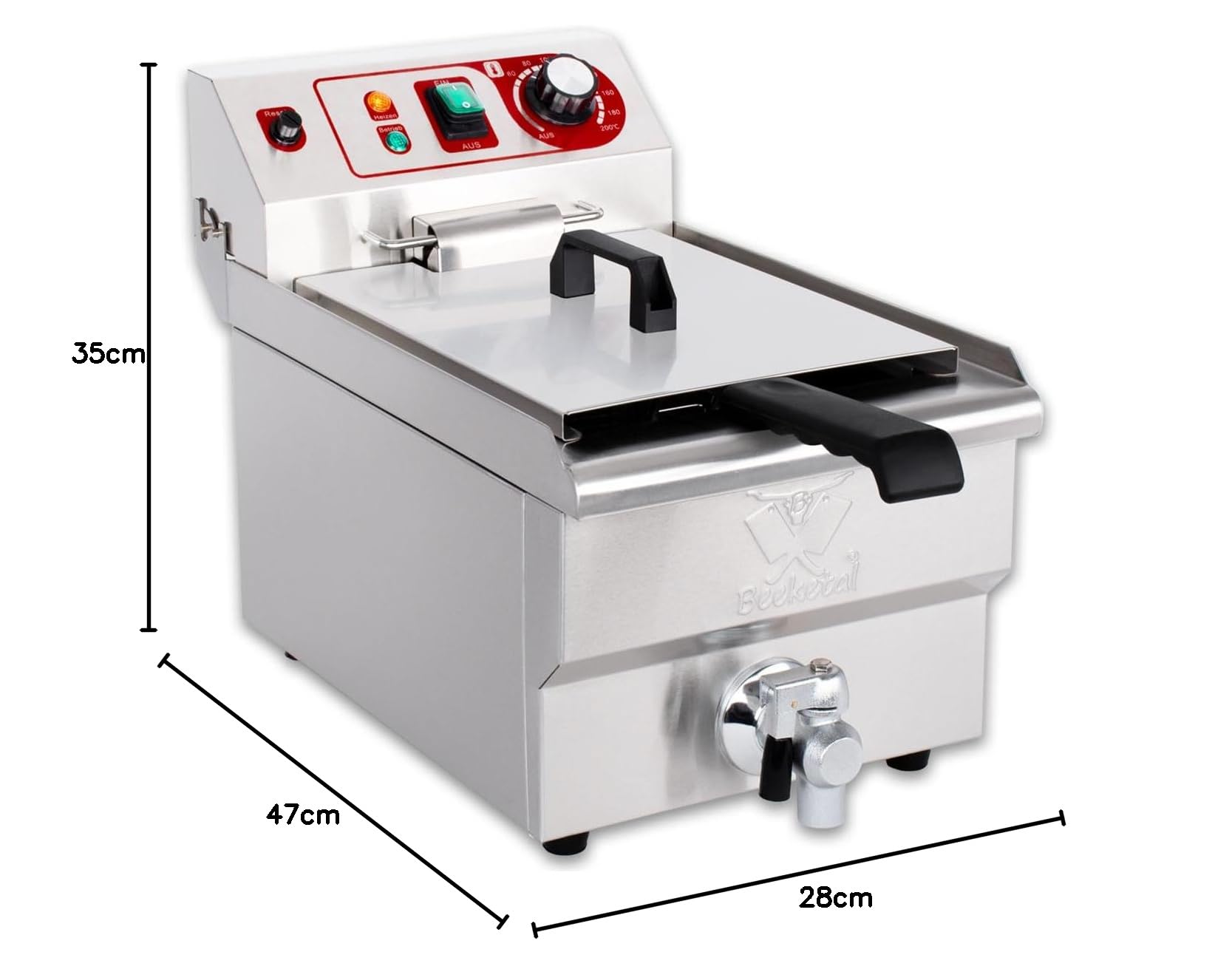Beeketal BWF-101P Profi Gastronomie Kaltzonen Fritteuse 10 Liter Edelstahl Doppelheizspirale Temperaturkontrolle Fettablaufhahn