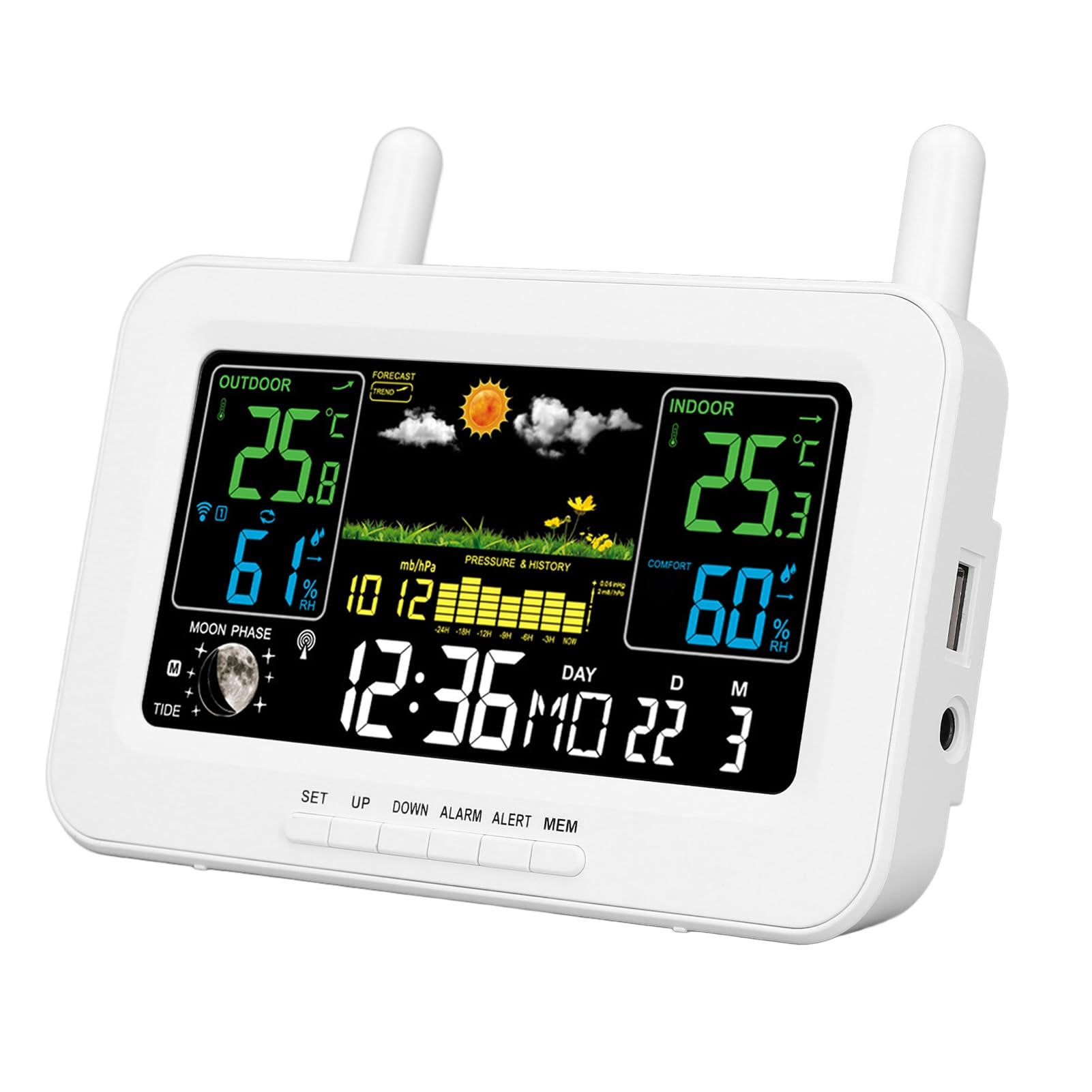 Temperatura y Humedad Interior y Exterior Fáciles de Leer, Alertas Personalizables, Hora, Fecha, Alarma, Repetición de Alarma, Fase Lunar, Presión Barométrica, índice de (Enchufe