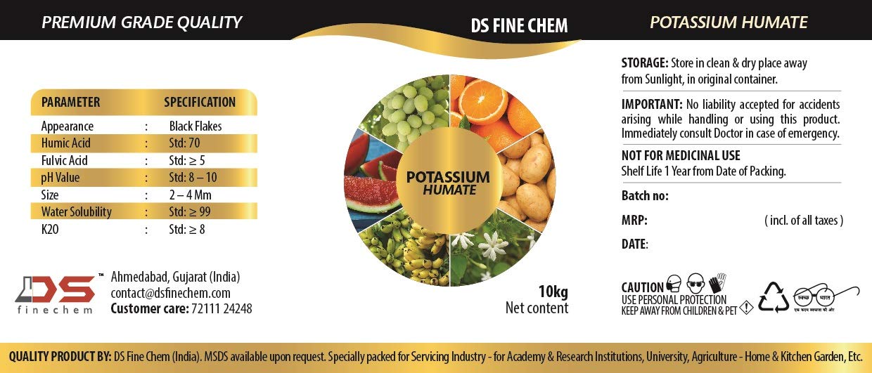 DS Fine Chem POTASSIUM HUMATE FLAKES 10Kg | Seal Packed Bucket | Water Soluble Black Flakes | Pouring Cup, Spoon, Mask and Pair of Glove for your Safety