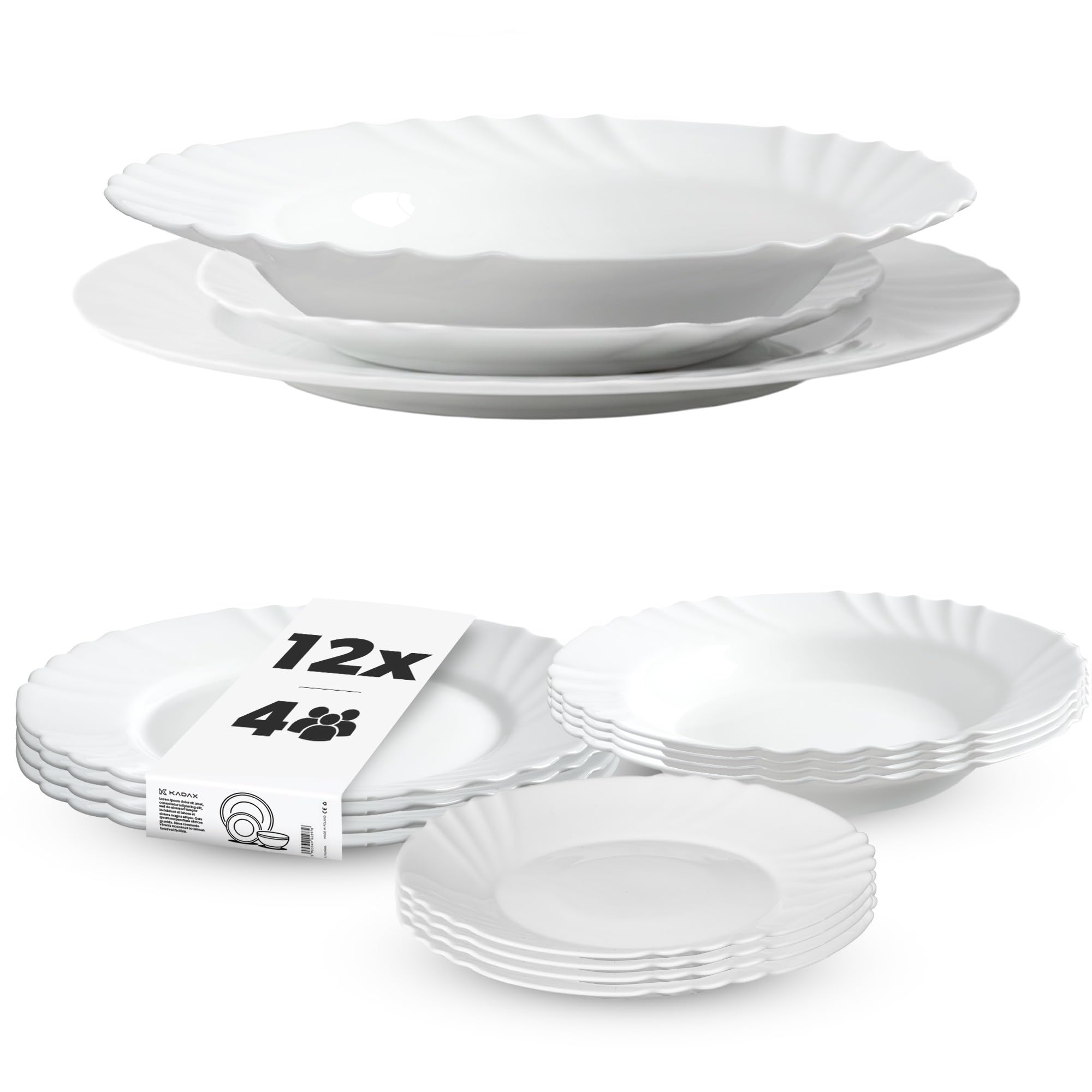 KADAX Vajilla de 12 piezas, juego de vajilla para 4 personas, con plato hondo, plato de postre y plato llano, juego de platos de cristal opal, juego de vajilla (blanco)
