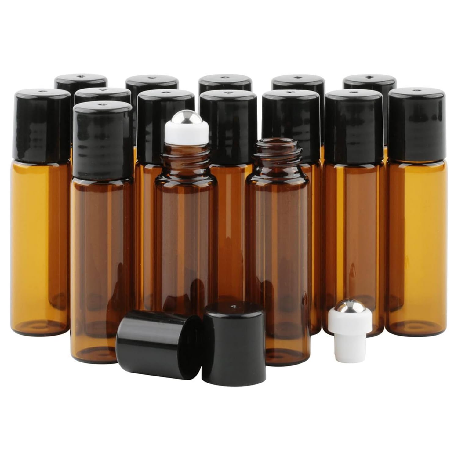 Pxyelec 15Pack 5ml Amber Glass Essential Oil Roller Bottles with Stainless Steel for Sample Display, Perfume Oils