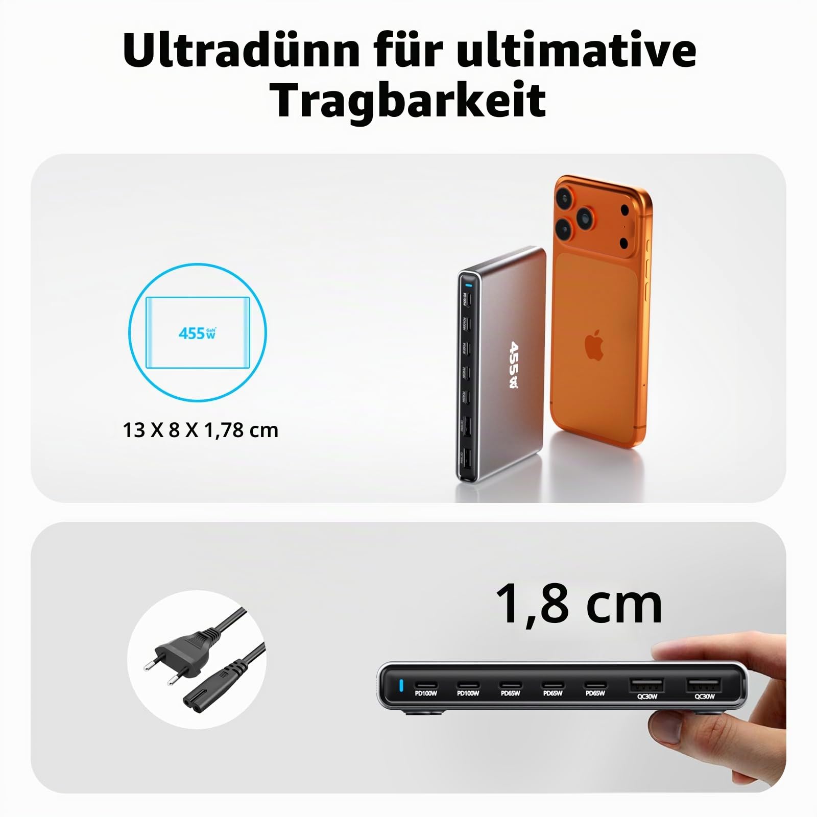 USB C Ladegerät, 455W 7 Port USB ladegerät mehrfach, Multi Port Schnellladestation, GaN PD PPS-Netzteil Kompatibel mit MacBook Pro/Air, Dell, iPhone, Galaxy, Laptops, Tablets, Mobiltelefonen