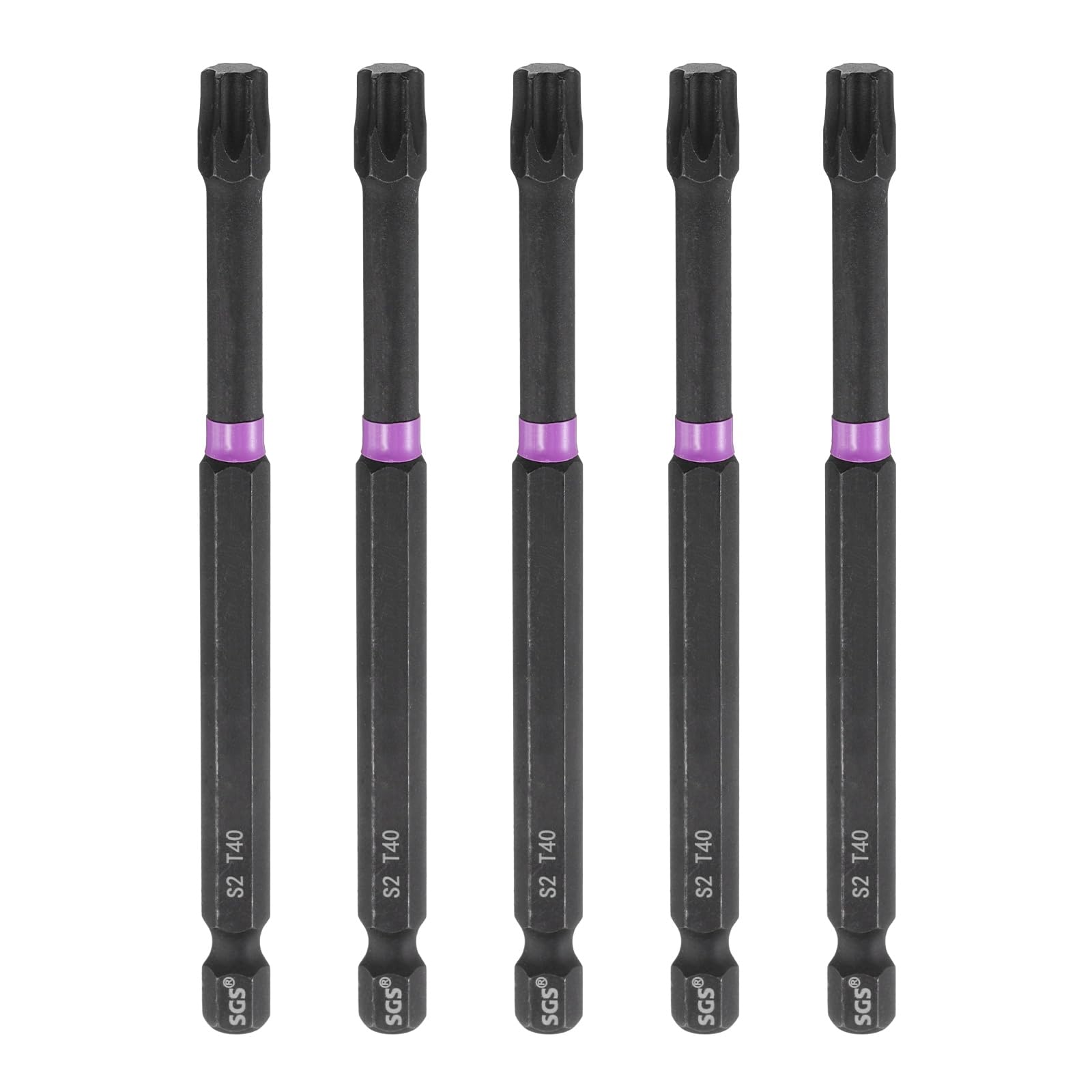 sourcing map 5pcs T40 Torx Head Impact Screwdriver Bits 1/4" Hex Shank 4" (100mm) Long Magnetic No Hole Tamper Proof 6 Point Star Screw Driver Drill Bits Phosphate S2 Steel Power Tools