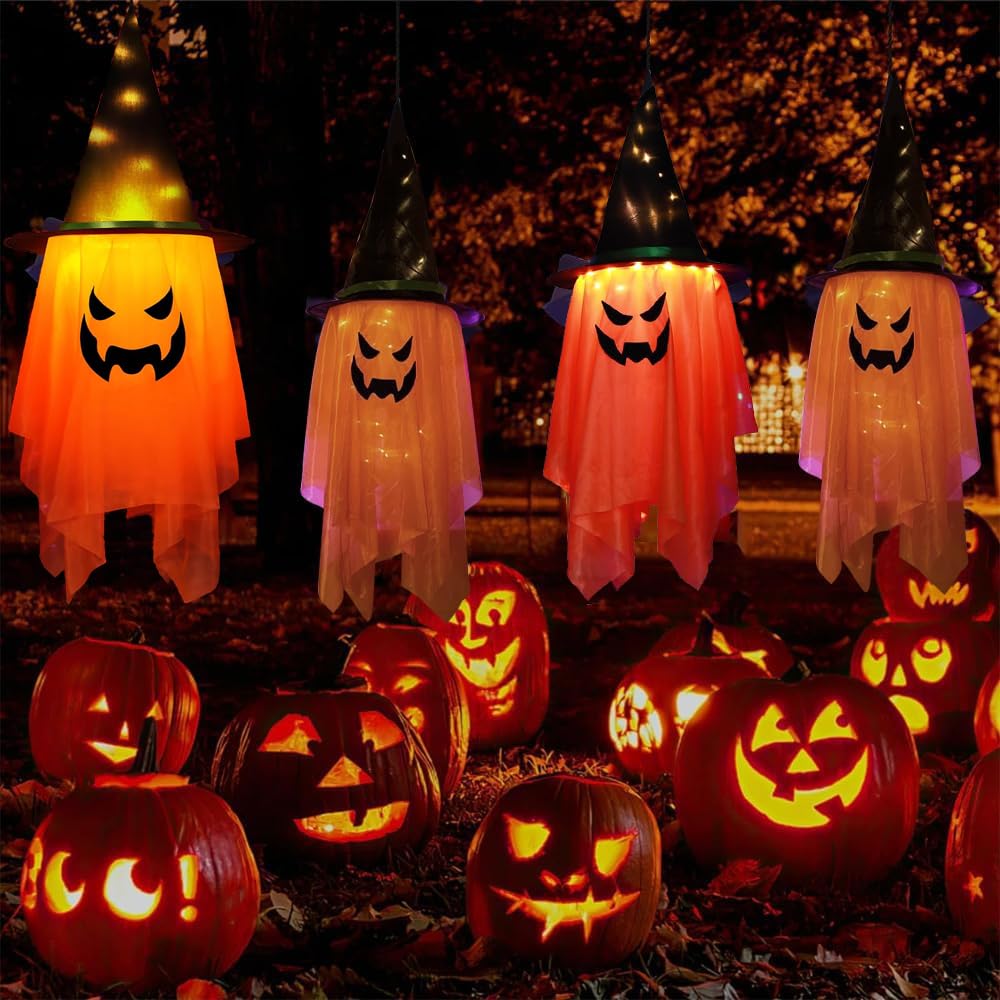 2 Pcs Fantôme Suspendre Halloween, Aluusy Décoration Fantôme Halloween Extérieur Avec LED à 8 Modes, Décorations D'halloween à Suspendre Fantômes Pour Jardin Patio 105x 35,5cm