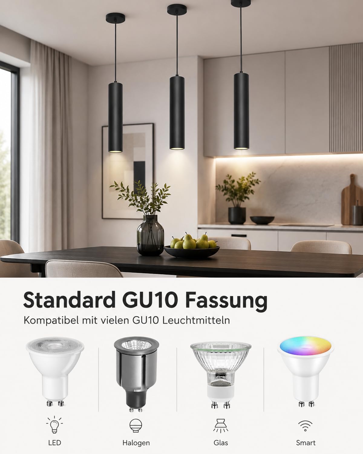 ACMHNC 2 Stück Pendelleuchte GU10 Schwarz, Höhenverstellbar für Kücheninsel | 10W Zylinder Hängeleuchte mit 120 cm Kabel, 3 Lichtfarben für Küche Esstisch, Ø 6 × 30 cm