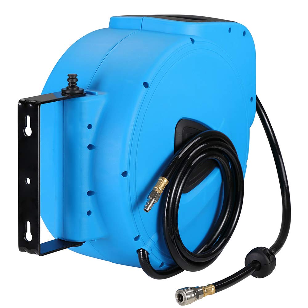 Bakaji Enrouleur de tuyau d'air comprimé avec tuyau 30 m raccord 1/4" fixation murale système verrouillage automatique, gain de place, accessoire compresseur d'air comprimé, pression maximale 18 bar