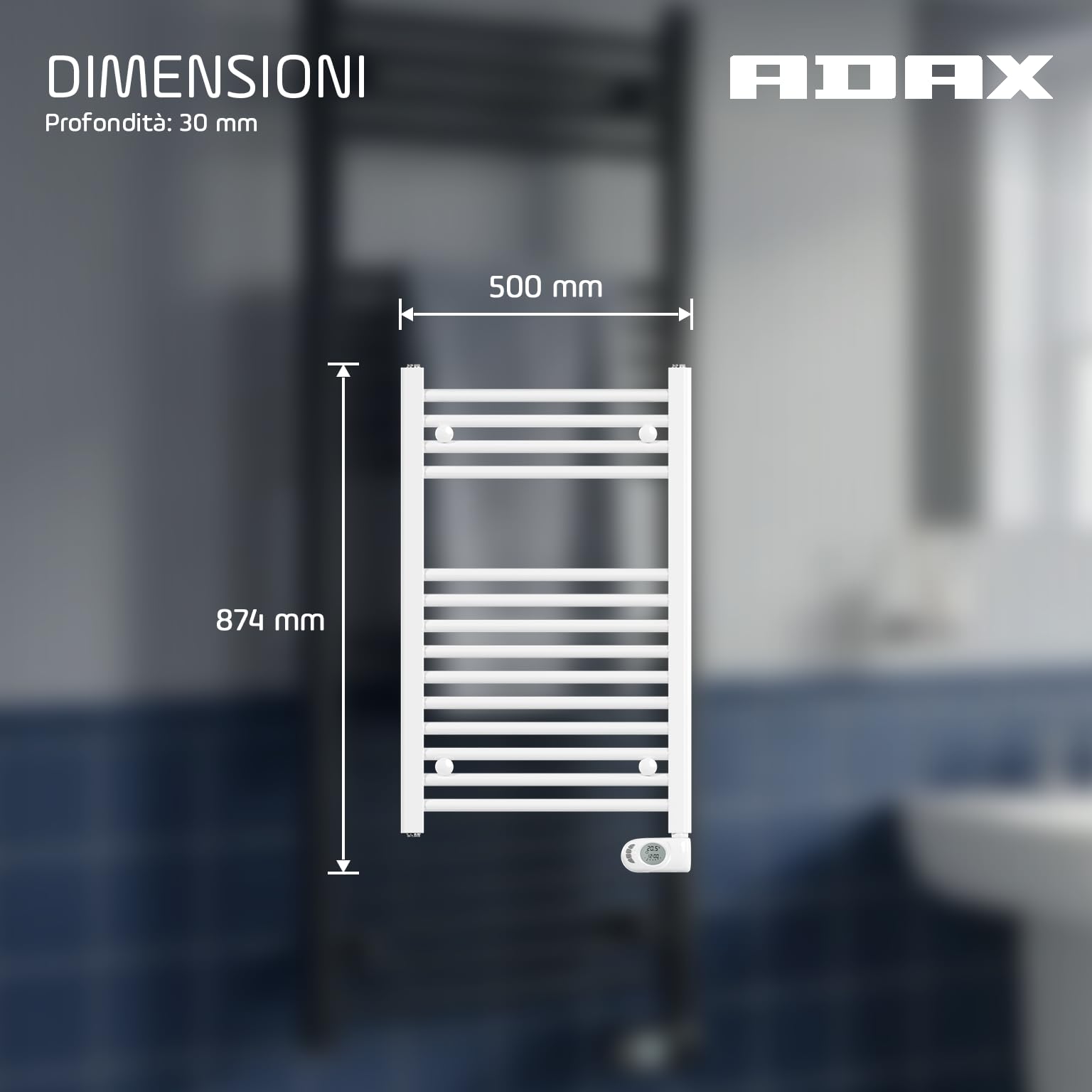 ADAX Comfort Scaldasalviette Elettrico 500x874 mm – Termoarredo Elettrico Bagno con Termostato, Porta Asciugamani da Parete, Radiatore Elettrico Scalda Salviette, 300W, Bianco, IP44
