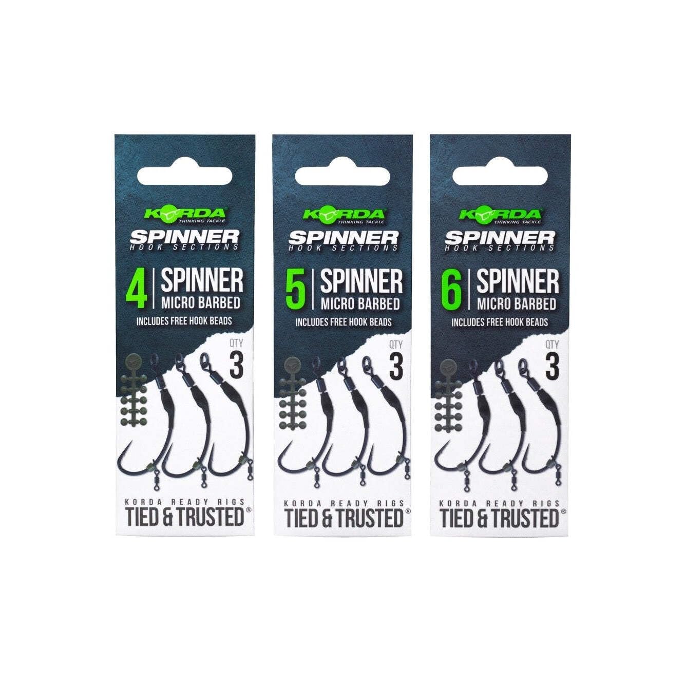 Korda Ready Tied Spinner Hook Sections: 6 Barbless - Pre-Tied Carp Fishing Rigs with Spinner Hook, Micro Swivel, and Hook Beads - Ideal for Carp Fishing with Boom or Coated Braid Material