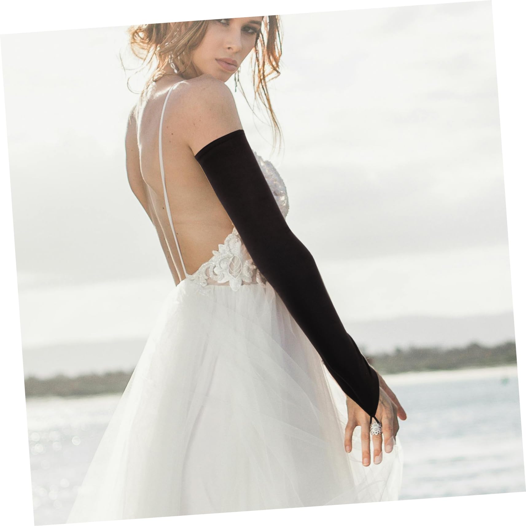 Healeved 5 Pezzi Guanti con gancio nuziale guanto da sposa in pizzo guanti neri in pizzo di raso da donna neri cosplay lunghi di raso a dita lunghe nylon Black