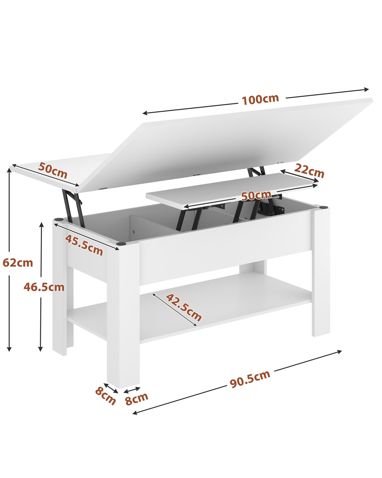 KIMENICH Mesa de Centro Regulable en Altura, Almacenamiento Oculto, 3 en 1, Multifunción, Mesa de Salón, Mesa de Café, Compartimento Abierto, Mesa de Comedor, para Salón, Oficina, Blanco