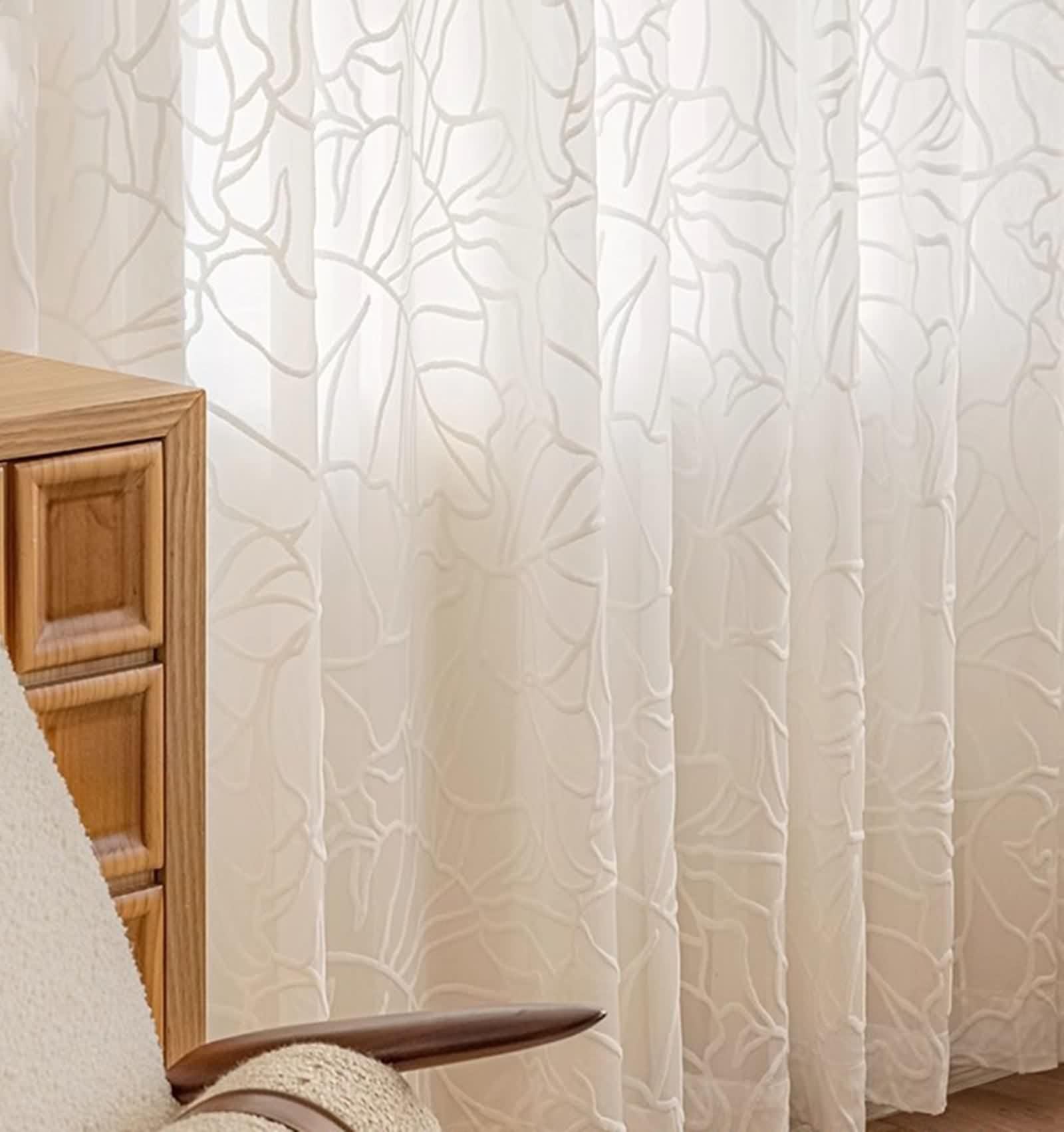 Rideau Anniversaire, Rideau de Cuisine Motif de Feuilles Polyester Coton Blanc Voilage Fenetre 137L x 274H CM Lot de 2