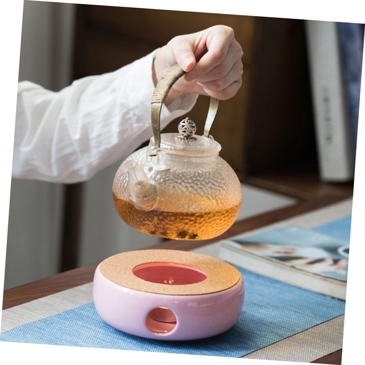 Ceramic Teapot Warmer Heater with Ventilation Portable Lightweight Tea Stove Base for Household Use and Desktop Decoration in Pink Purple