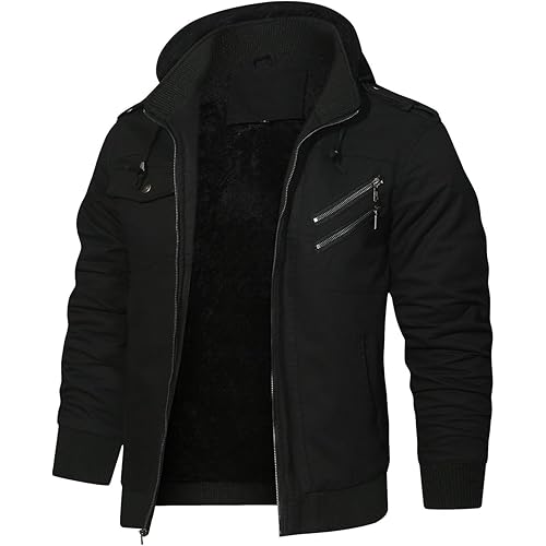HOOD CREW Men’s Jackets Winter Thicken Fleece Lined Outerwear Tactical Military Cargo Jacket with Hood