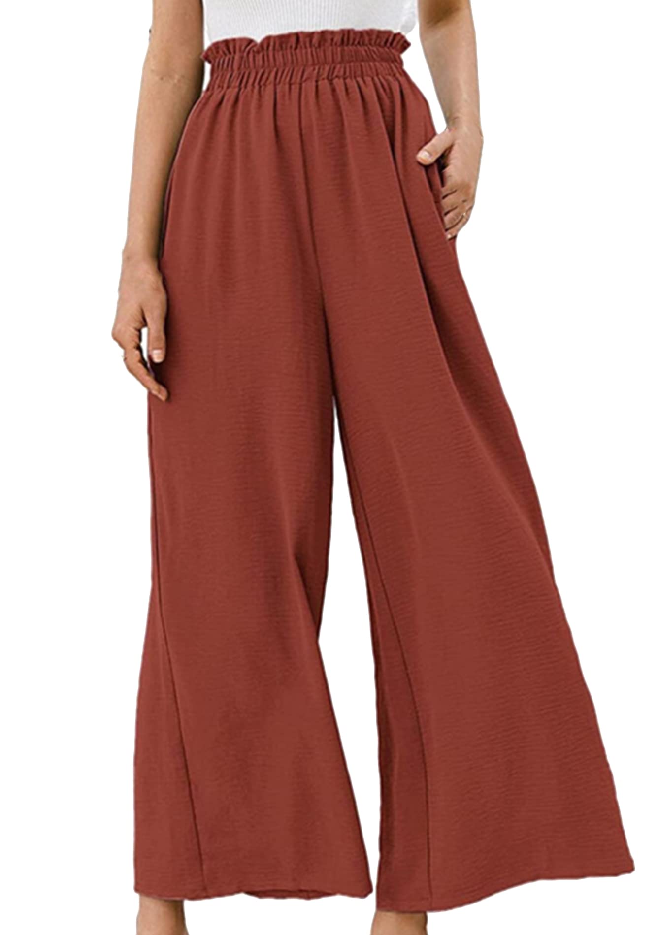 FLITAY Womens Casual Wide Leg Pants High Waisted Solid Color Pants Long Elastic Waist Trousers Pants