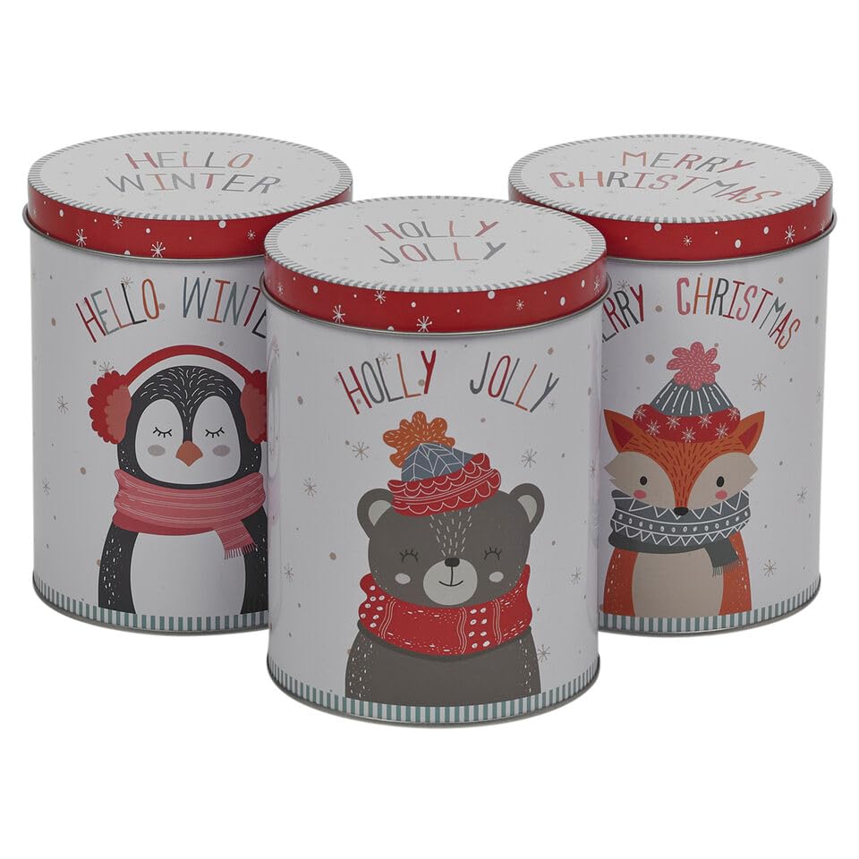 URBN-CHEF 3 pc Christmas Storage Tin Set - 1L Containers for Biscuits, Coffee, Sugar, Tea & Condiments