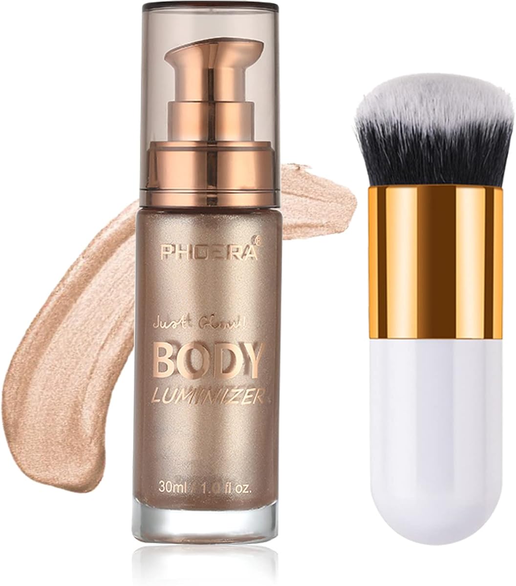 Body Shimmer Oil, Rose Gold Natural Glow Luminizer, Brush Include, 1oz | Long Lasting Moisturizing Liquid Illuminator Highlighter Makeup for a Sun-Kissed Glow, Light Medium