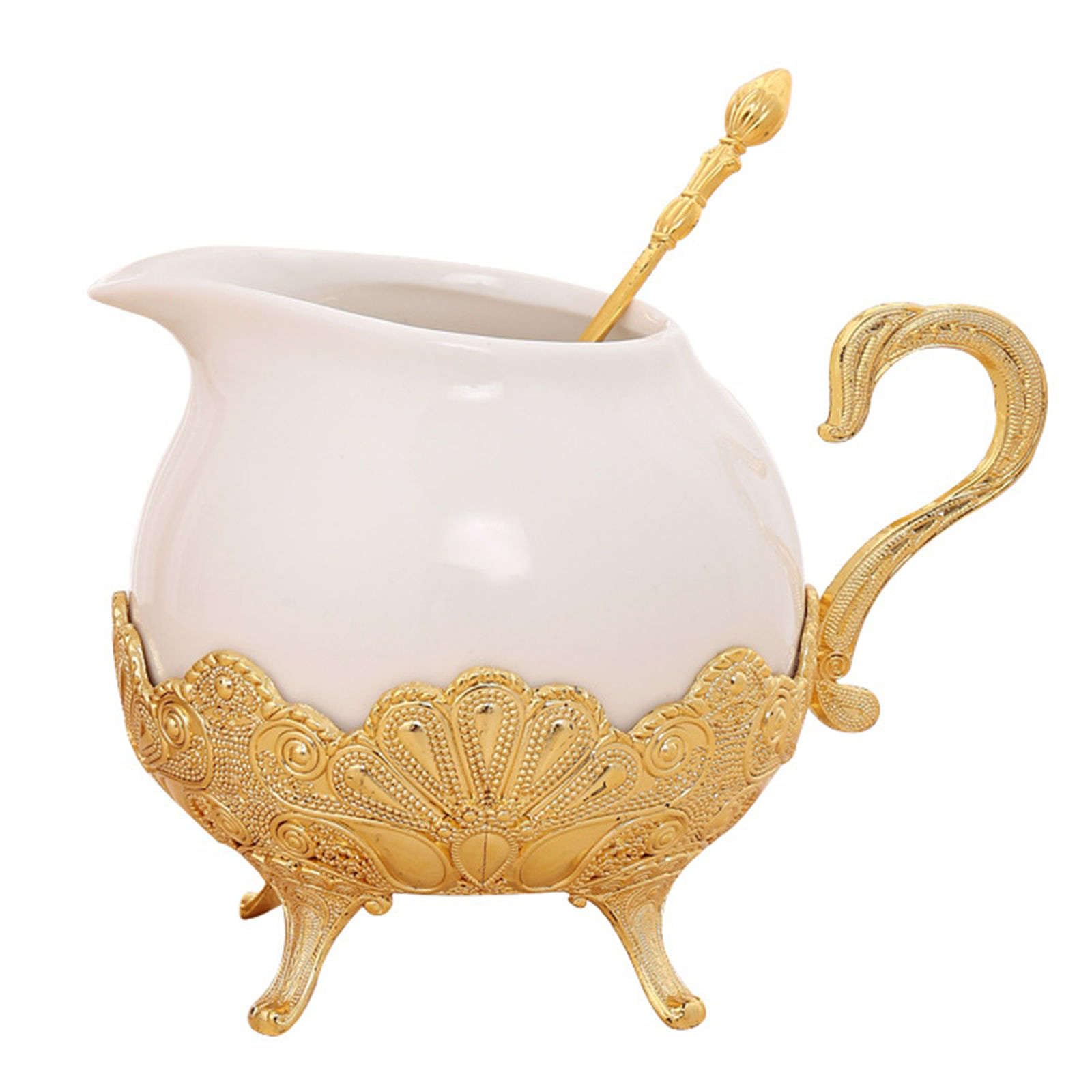 Lxzsmh Gold Sugar Pot,Spice Pots, European Sugar Bowl With Spoon, Ceramic Milk Jar, Coffee Bar Accessories, Metal Decorative Creamer-13X10cm