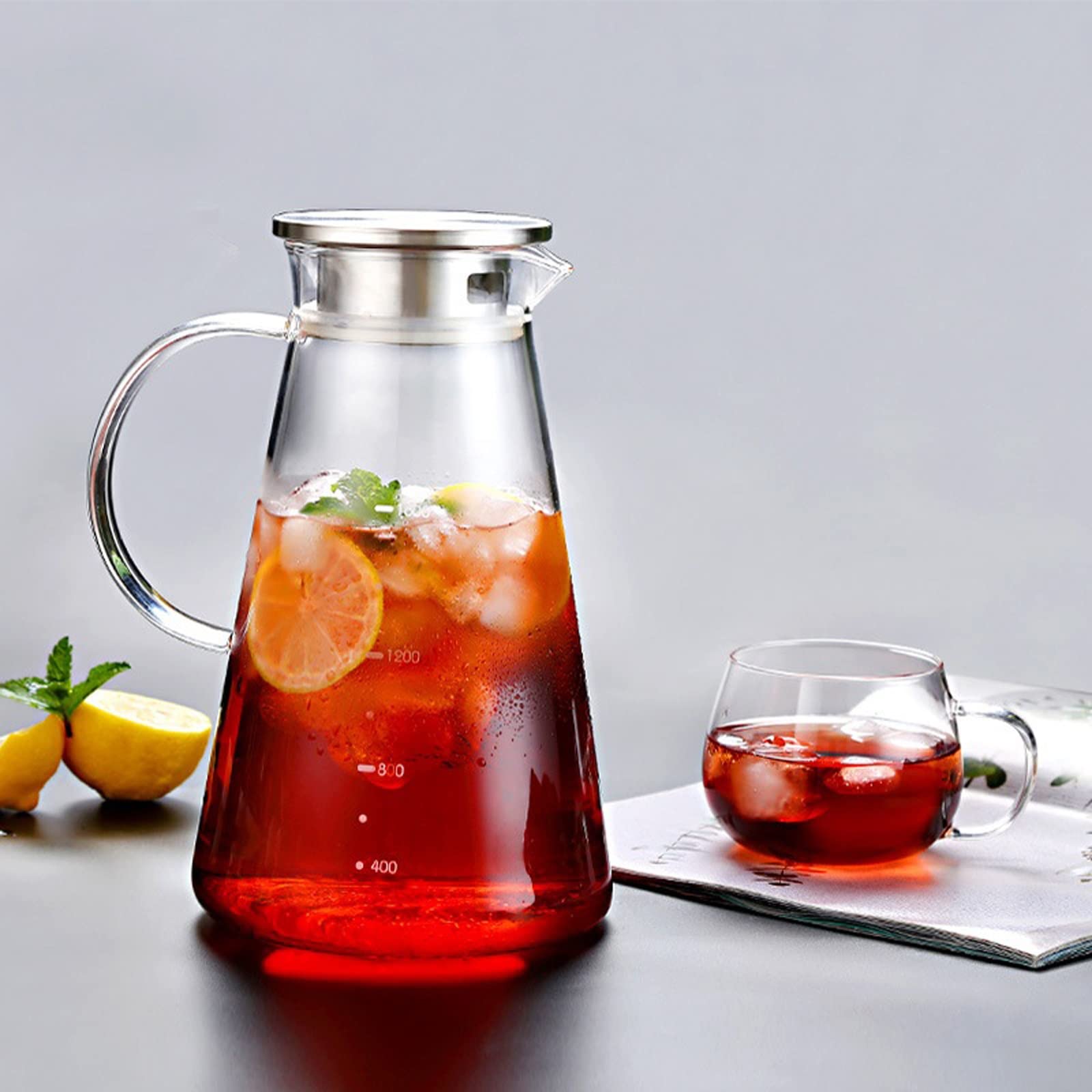 Vasos for beber vasos de vidrio, jarra Jarra de agua Hervidor de vidrio de borosilicato alto con taza Tapa de acero inoxidable Tazas de jugo de gran capacidad Taza de vidrio Juego de jarra fría Jarra