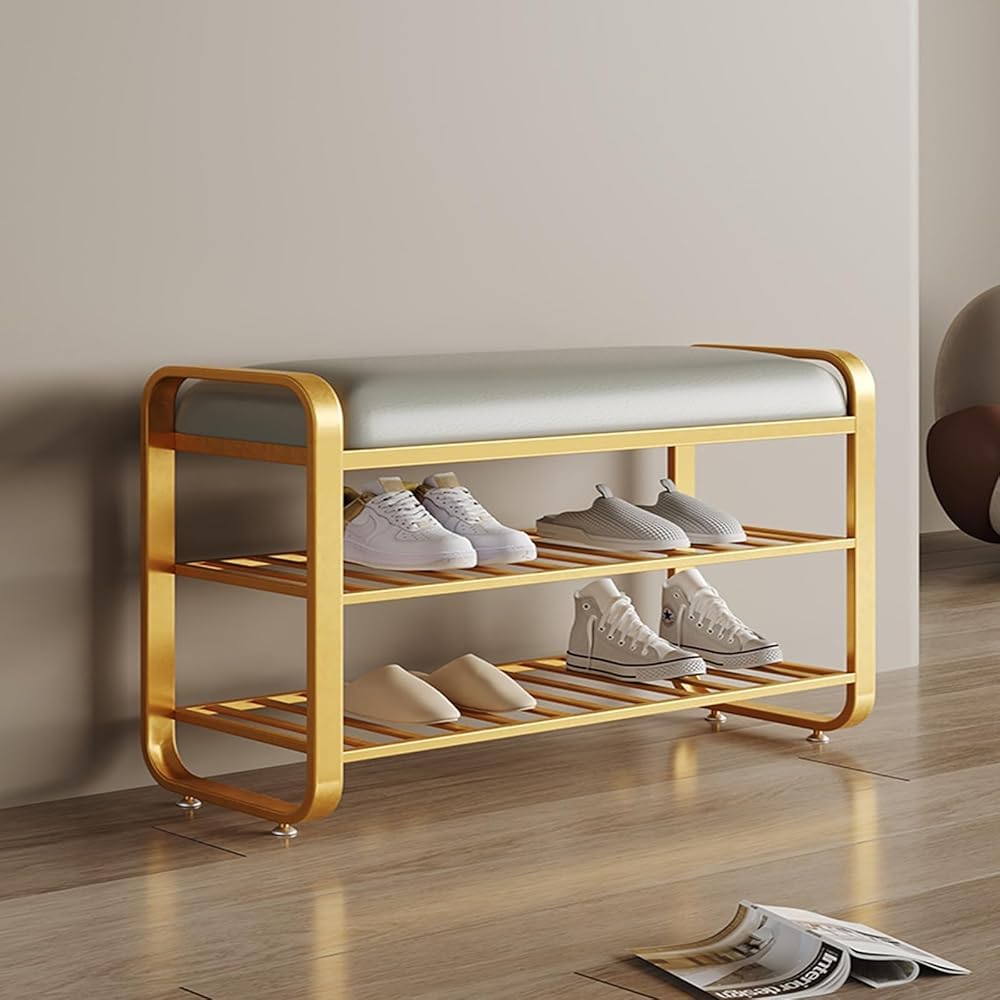 Banc d'entrée en métal doré avec rangement chaussures petit banc de salon 80cm
