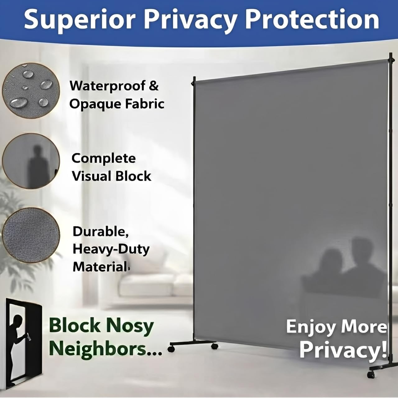 Large Single Panel Room Divider, 73" x 75" Freestanding Privacy Screen with Wheels, Thickened Fabric Partition Wall for Room Separation, Portable Room Separator for Indoor Office, Bedroom,Patio