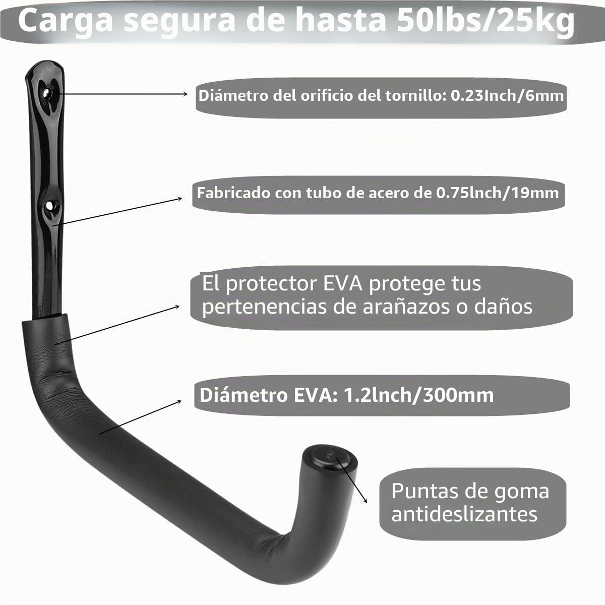 Paquete de 6 ganchos de almacenamiento de garaje resistentes, 12.7 pulgadas de montaje en pared