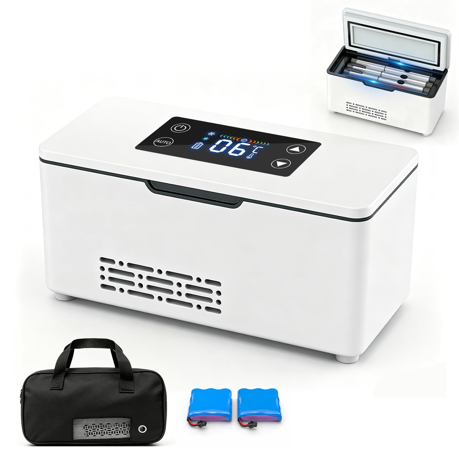 Mini frigo portatile per insulina, elettrico, con display LCD regolabile da 2 a 8 °C e due batterie da 10200 mAh, per casa, in viaggio e in auto