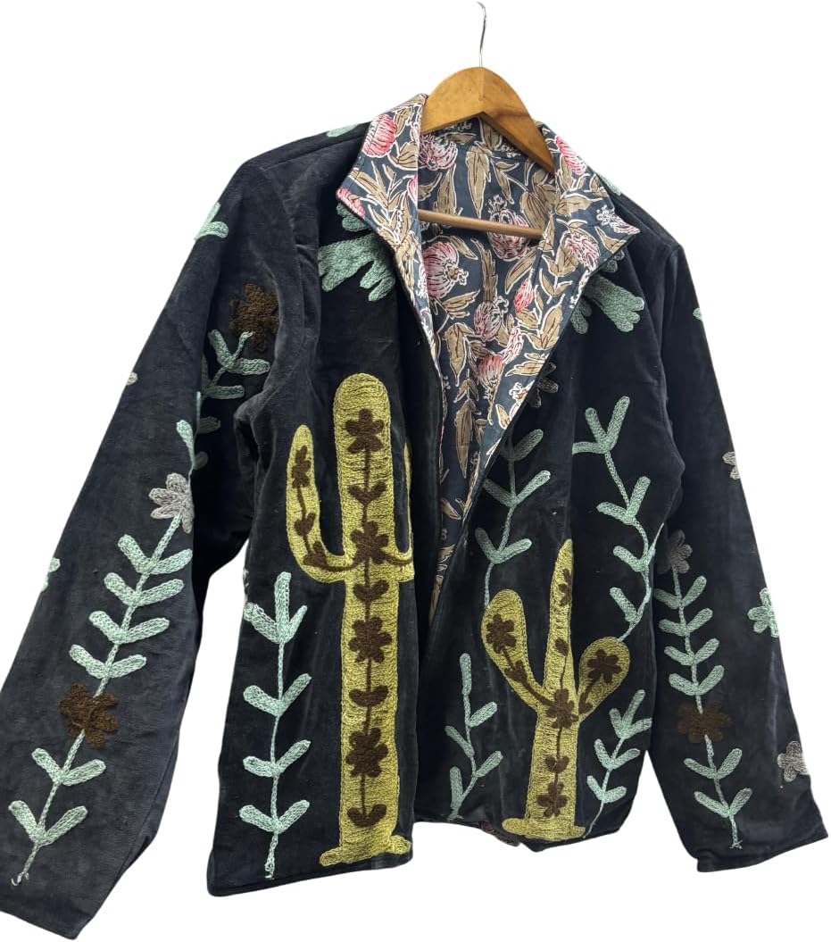 Embroidered Velvet Jacket, Black, Cactus and Floral Design, Long Sleeve, Reversible Collar
