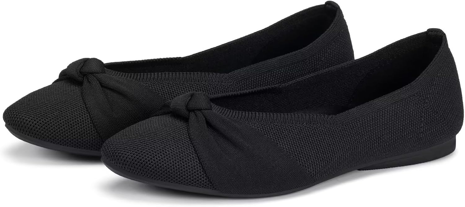 Frank Mully Women's Flats, Square Toe Foldable Flat Shoes with Bow & Arch Support, Soft Knit Slip-On Comfort for Travel, Work, Commuting
