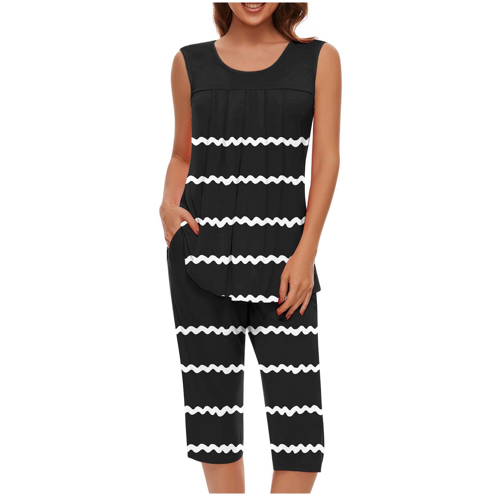 Pajama Sets for Women Summer Plus Size Lounge Sleepwear Loose Sleeveless Tops Printed Bermuda Shorts with Pockets — view 13