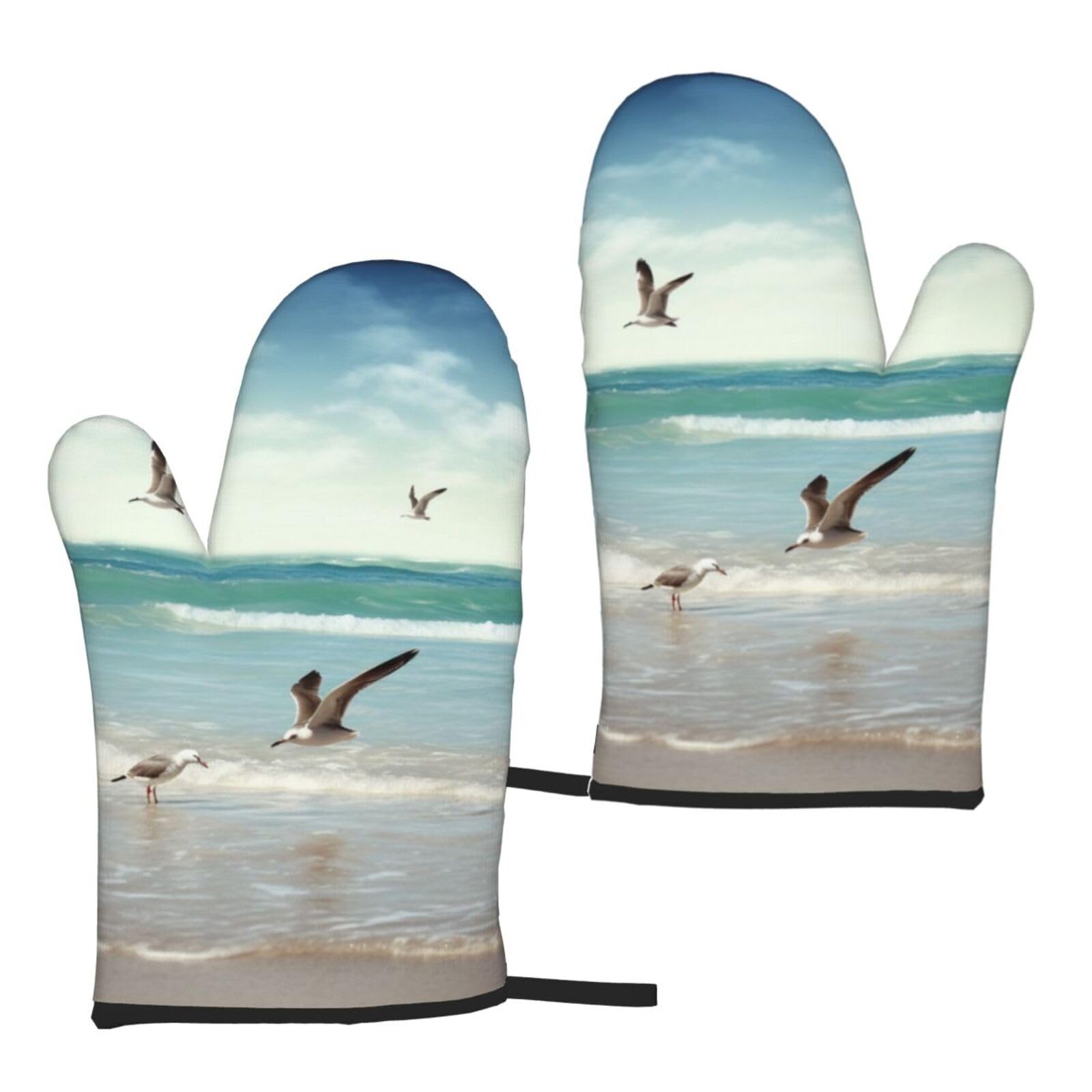 Beach Sea Birds Printed Oven Mitts Sets 2 PCS Heat Resistant and Non-Slip Glove Potholder for Kitchen Cooking Baking Grilling