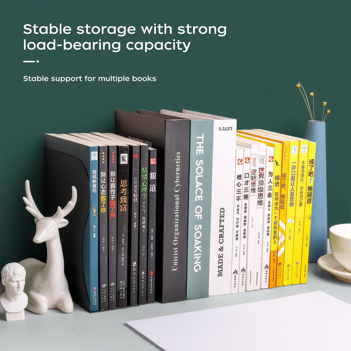 feyiubmen stylowe metalowe regulowane podpórki na książki od 10 do 50 cm, 2 modele, czarne i białe, do biblioteki, biblioteki i szkoły (kolor biały)