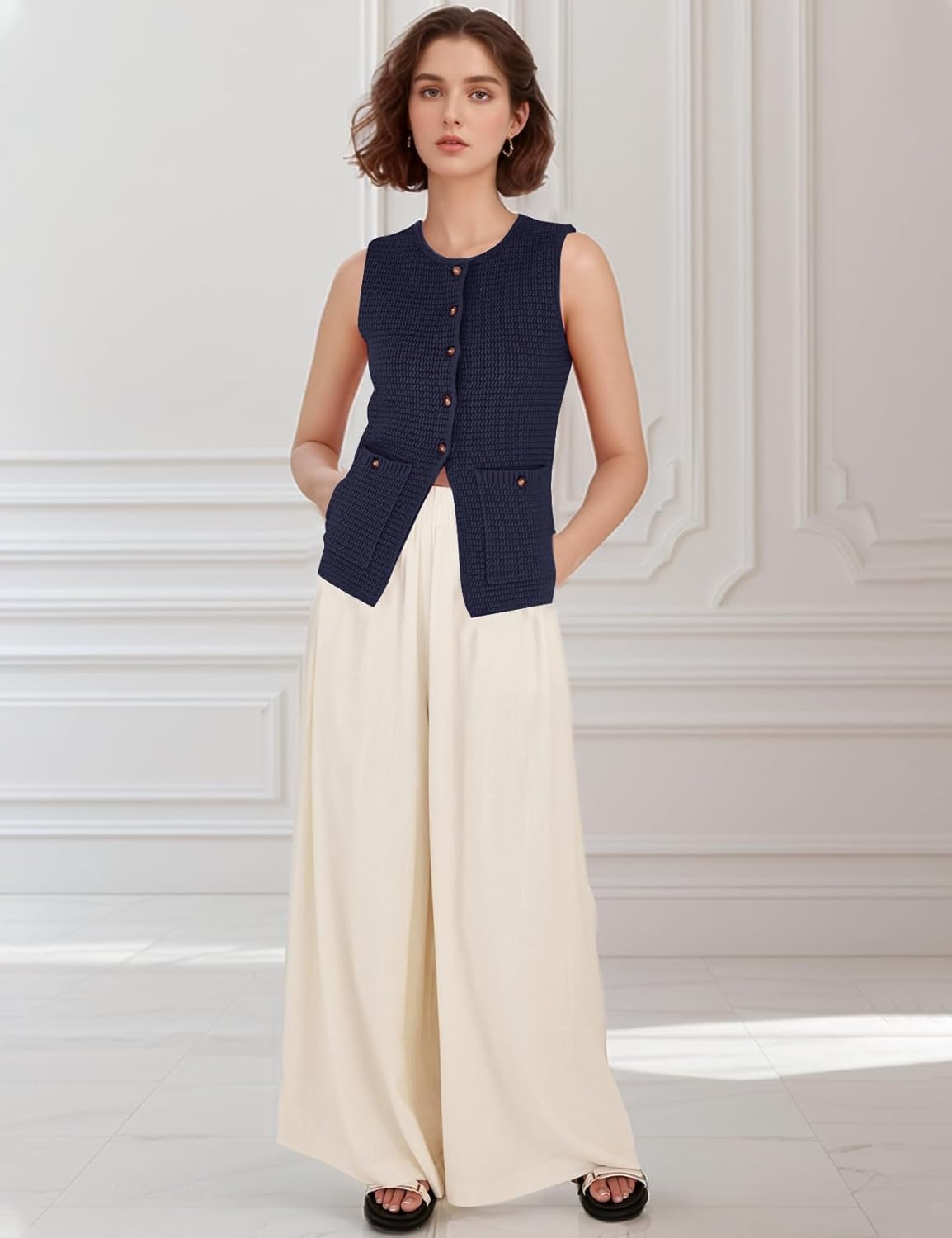Flygo Women's Crochet Cardigan Sweater Vest Chunky Button Down Crewneck Sleeveless Tank Tops with Pockets(NavyBlue-M)