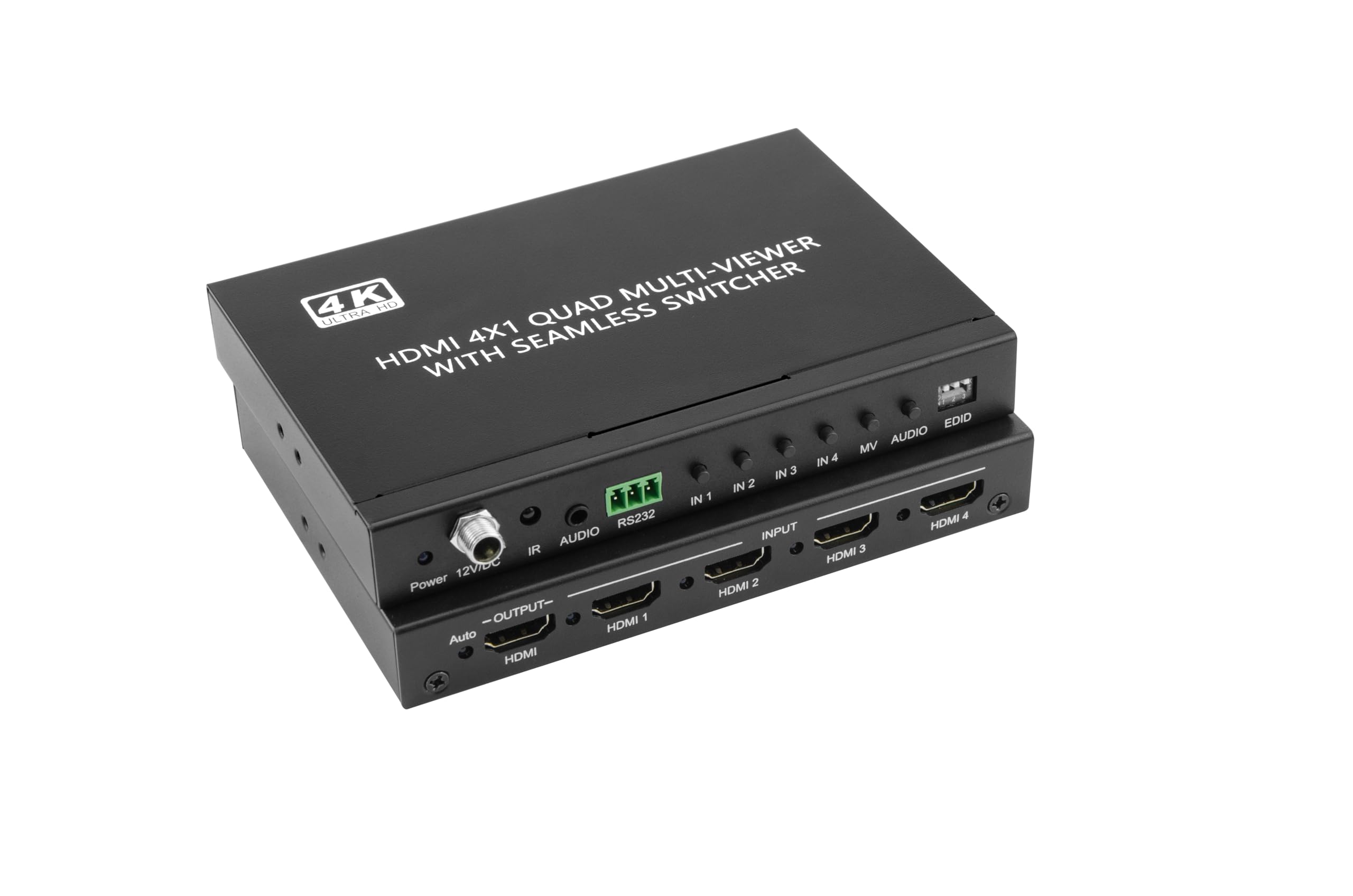Bezszwowy przełącznik 4K HDMI 4 x 1, 4 w 1, Quad Multi-Vieer, przełącznik HDMI z pilotem na podczerwień i sterowaniem RS-232, obsługa 8 trybów wyświetlania, ekstrakt audio, OSD, PIP (POS
